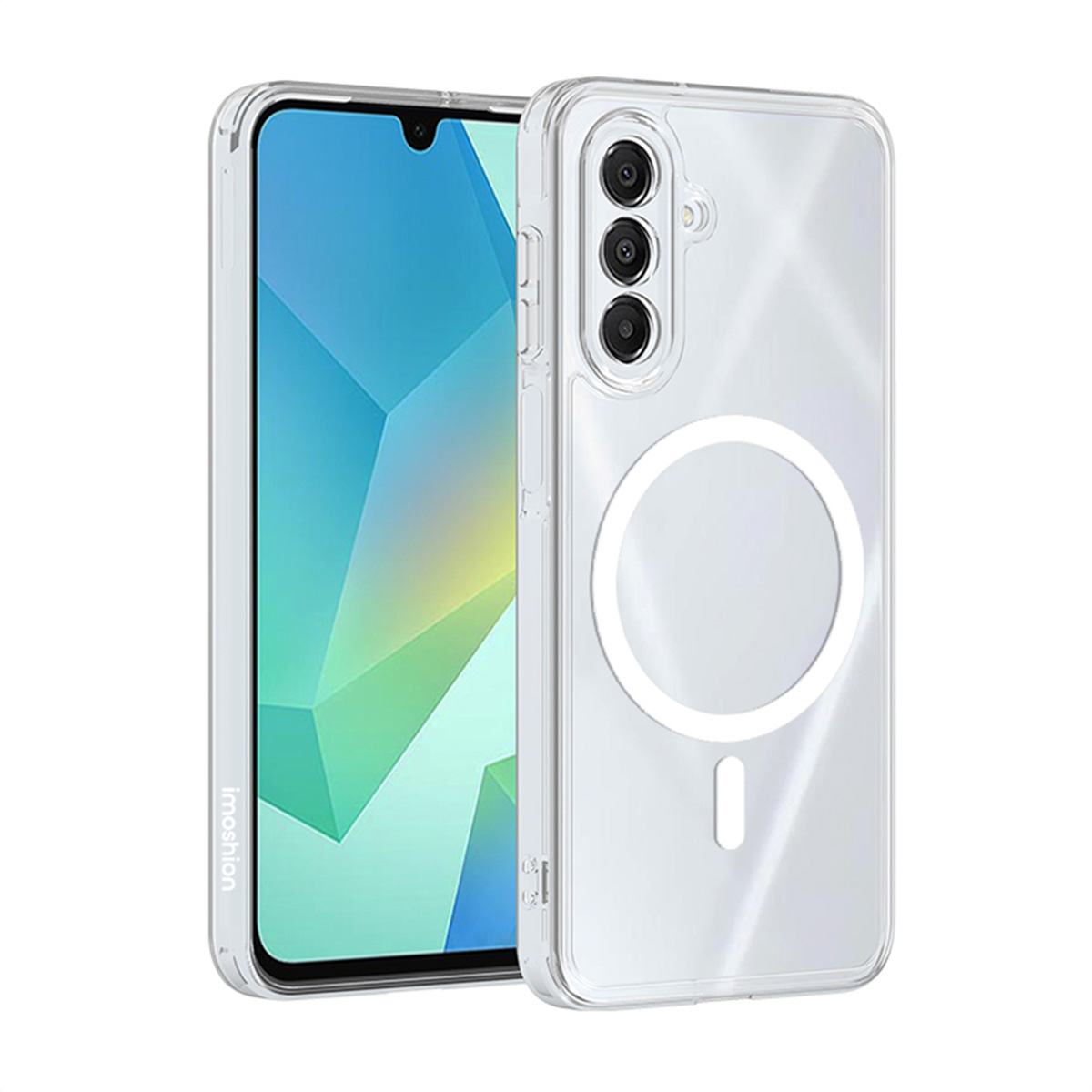 Una custodia trasparente con un telefono all'interno. La custodia ha un anello per la ricarica magnetica.