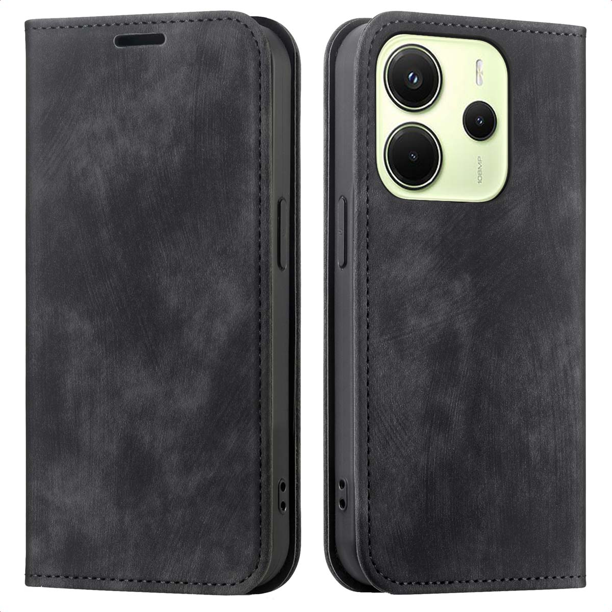 Twee telefoonhoesjes, gesloten en open, liggen op een oppervlak. De telefoon in de open hoes is zichtbaar.