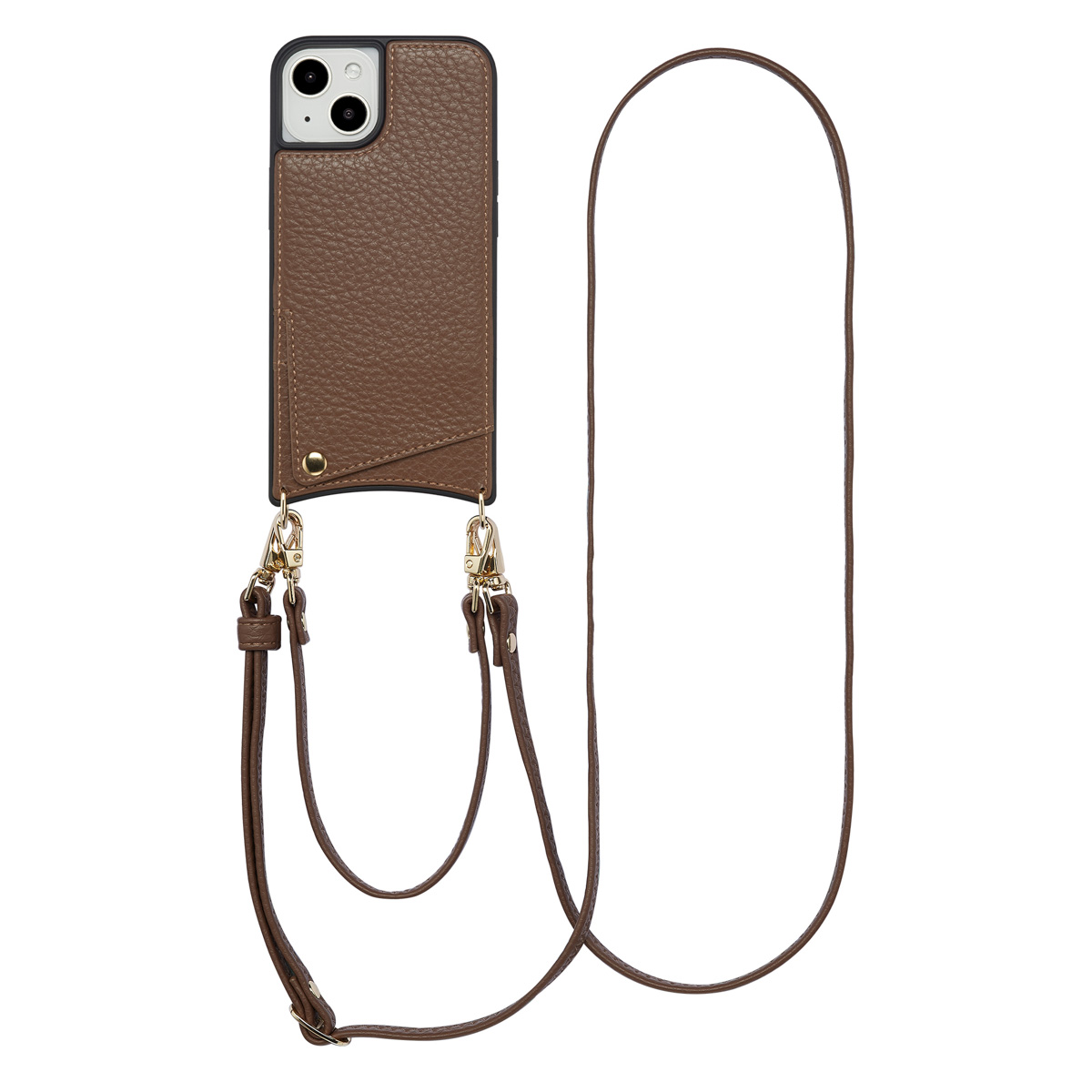 Étui de téléphone en cuir marron avec une sangle. L'étui a un porte-cartes et des détails en métal doré.
