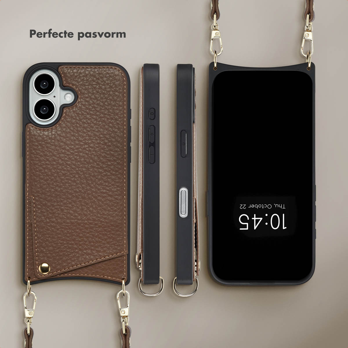 Vier telefoonhoesjes, bruin leer met een kaartsleuf, en een telefoon met een riem. De telefoon toont de datum en tijd.