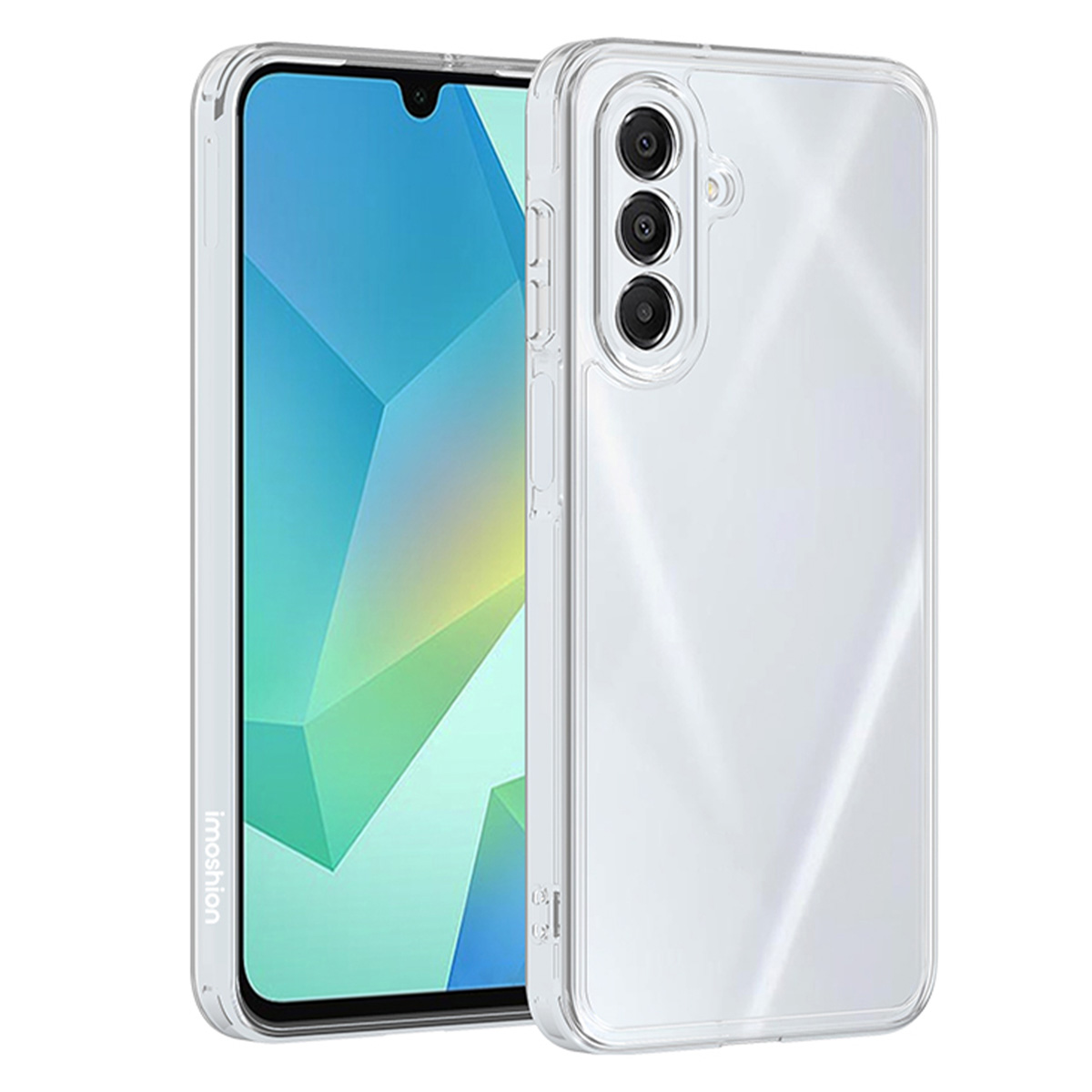 Une coque de téléphone transparente sur un téléphone, mettant en valeur le design du téléphone, avec un fond bleu clair.