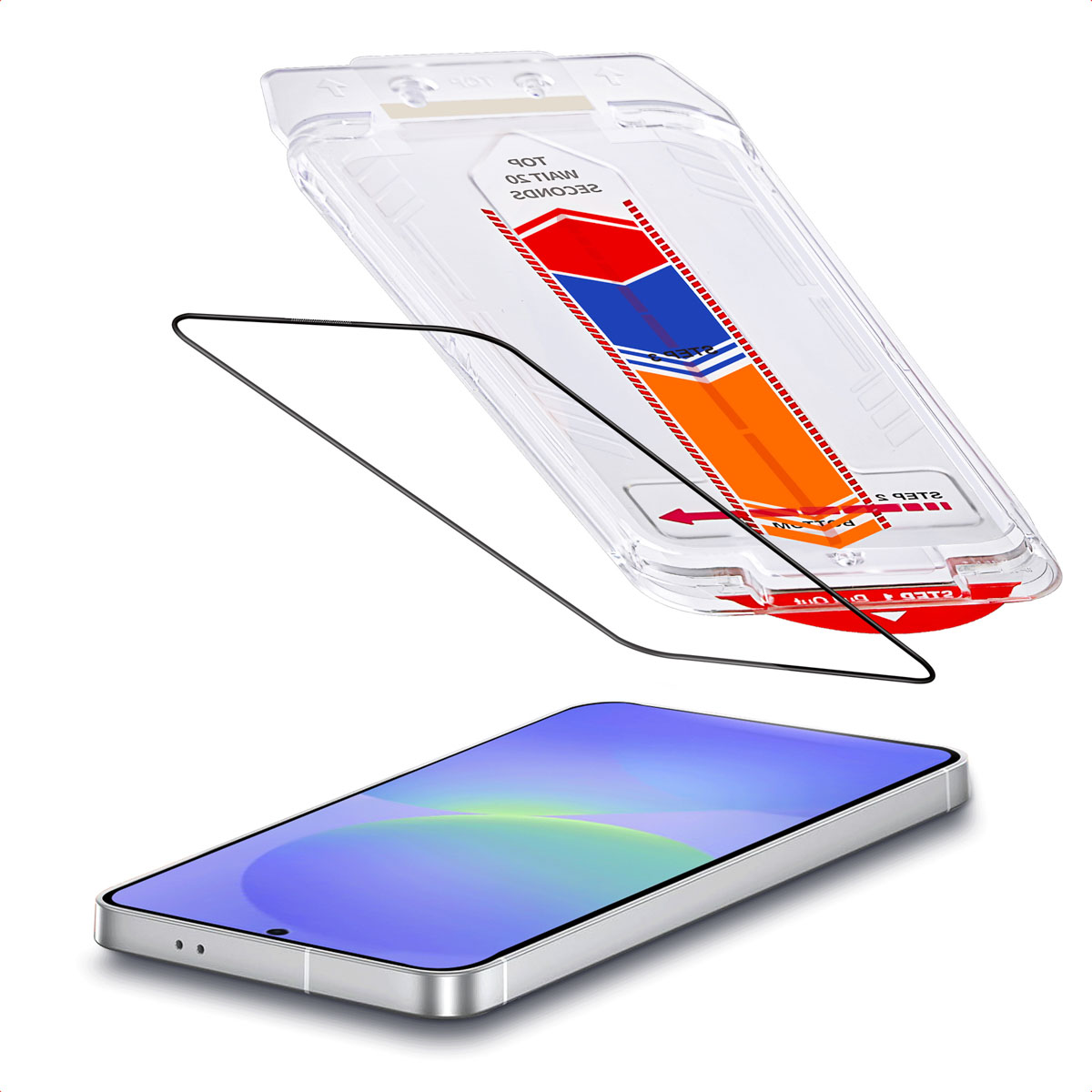 Proteggi schermo per telefono con display blu. Sopra, un applicatore trasparente con frecce rosse e arancioni.
