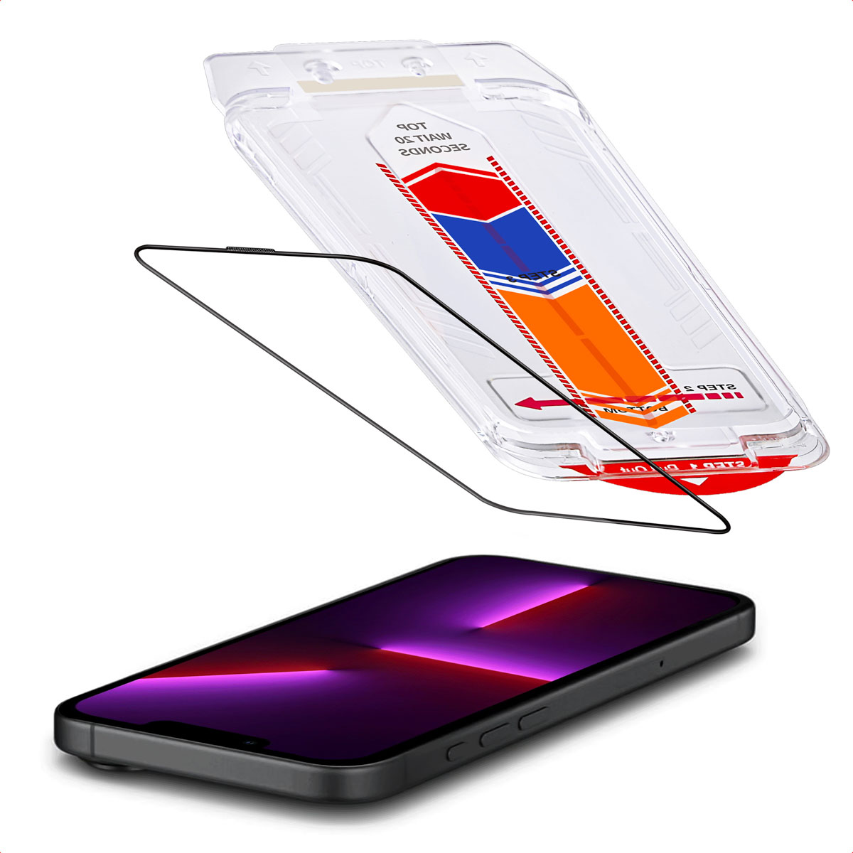 Protecteur d'écran de téléphone avec un écran violet. Au-dessus, un applicateur transparent avec des flèches rouges et oranges.