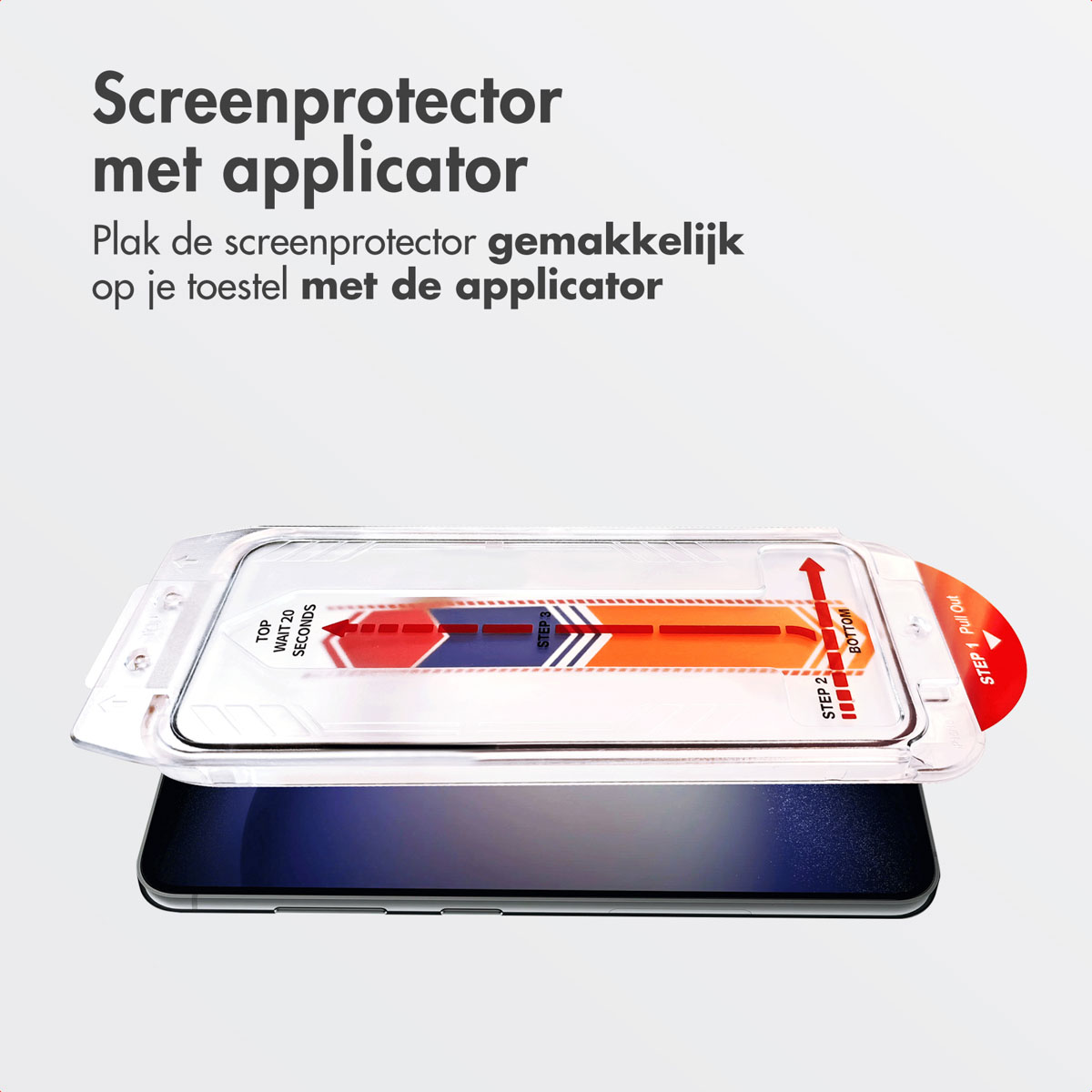 Een schermbeschermer met een applicator. De applicator is transparant. Tekst: Schermbeschermer met applicator.