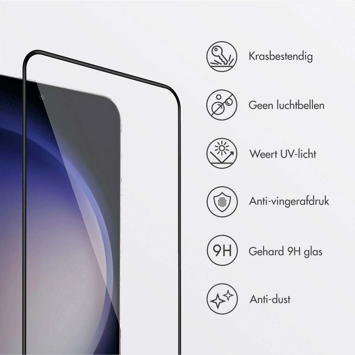 Screenprotector met pictogrammen. Pictogrammen omvatten krasbestendigheid, geen bellen, UV-licht en anti-vingerafdruk.