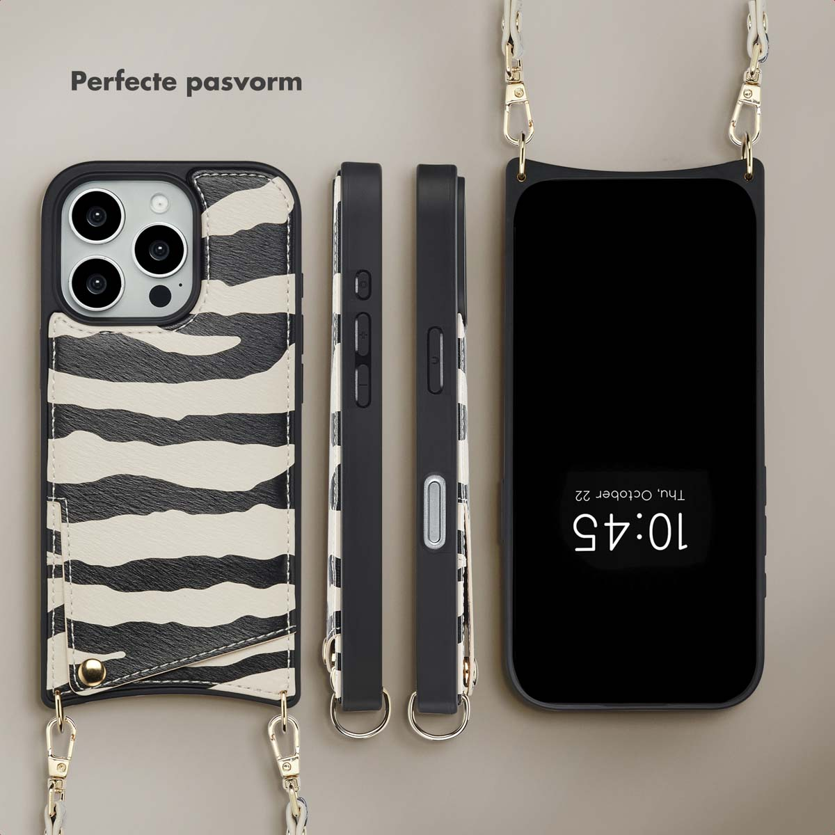 Vier telefoonhoesjes, zebra-gestreept met een kaartsleuf, en een telefoon met een riem. De telefoon toont de datum en tijd.
