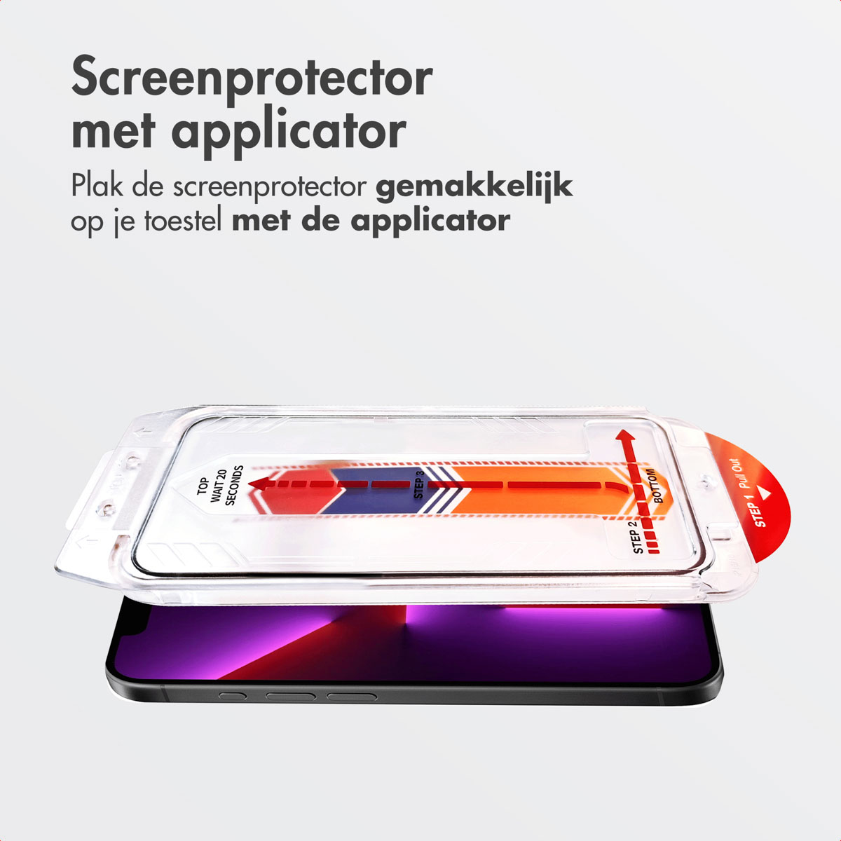 Un protecteur d'écran avec un applicateur. L'applicateur est transparent. Texte : Protecteur d'écran avec applicateur.