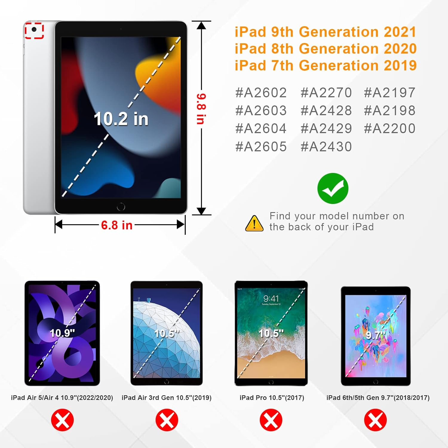 iPad und andere iPads werden angezeigt. Es gibt Größen- und Modellinformationen. Text: Finden Sie Ihre Modellnummer auf der Rückseite.