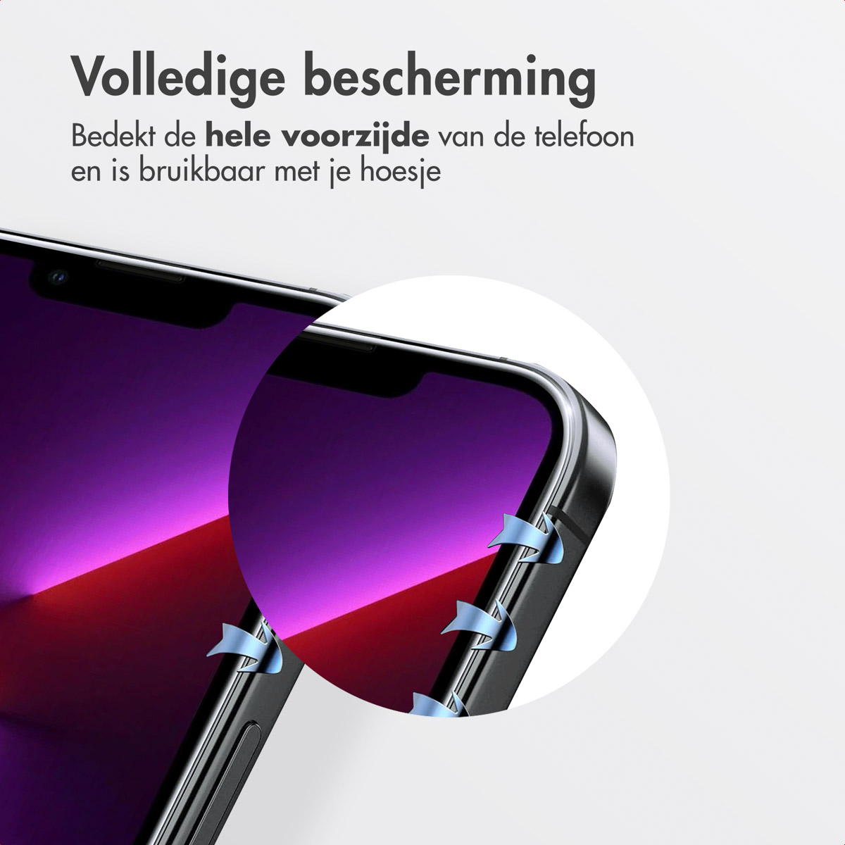 Gros plan d'un téléphone avec écran violet. Texte : Protection complète. Couvre toute la face avant du téléphone.