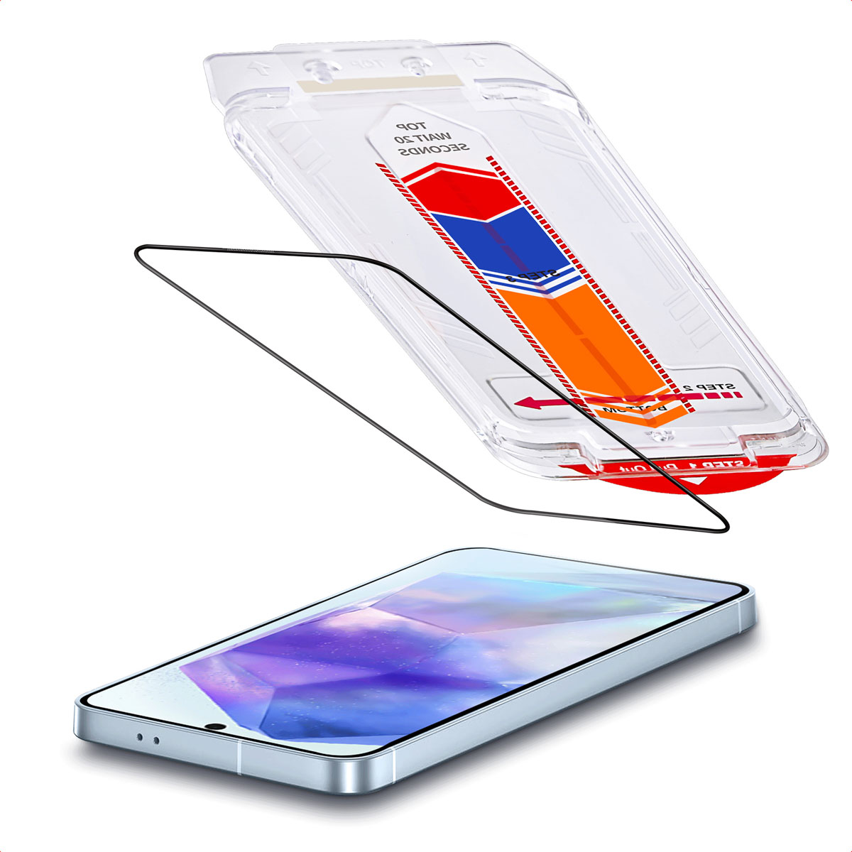 Protecteur d'écran de téléphone avec un écran bleu. Au-dessus, un applicateur transparent avec des flèches rouges et oranges.