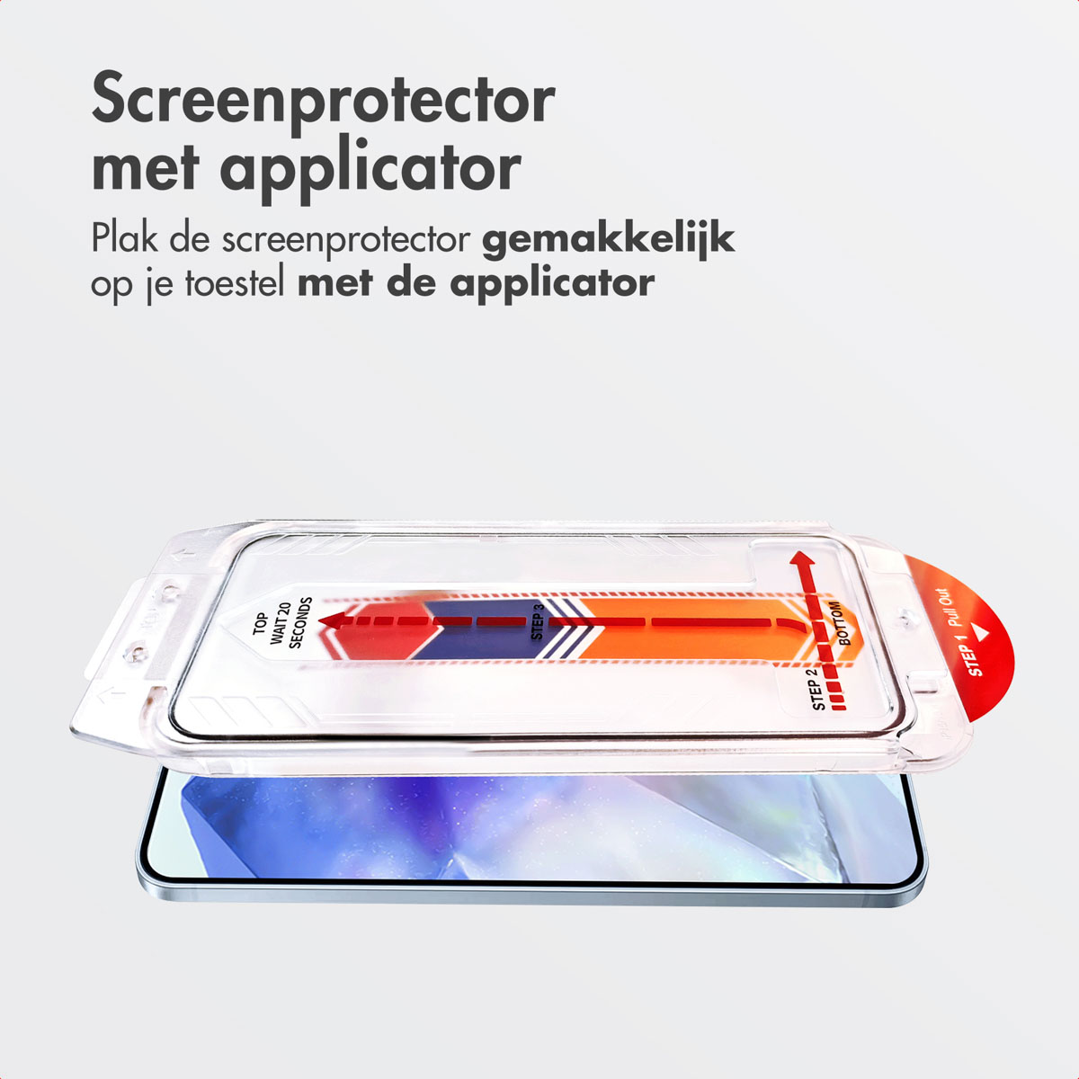 Un protecteur d'écran avec un applicateur. L'applicateur est transparent. Texte : Protecteur d'écran avec applicateur.