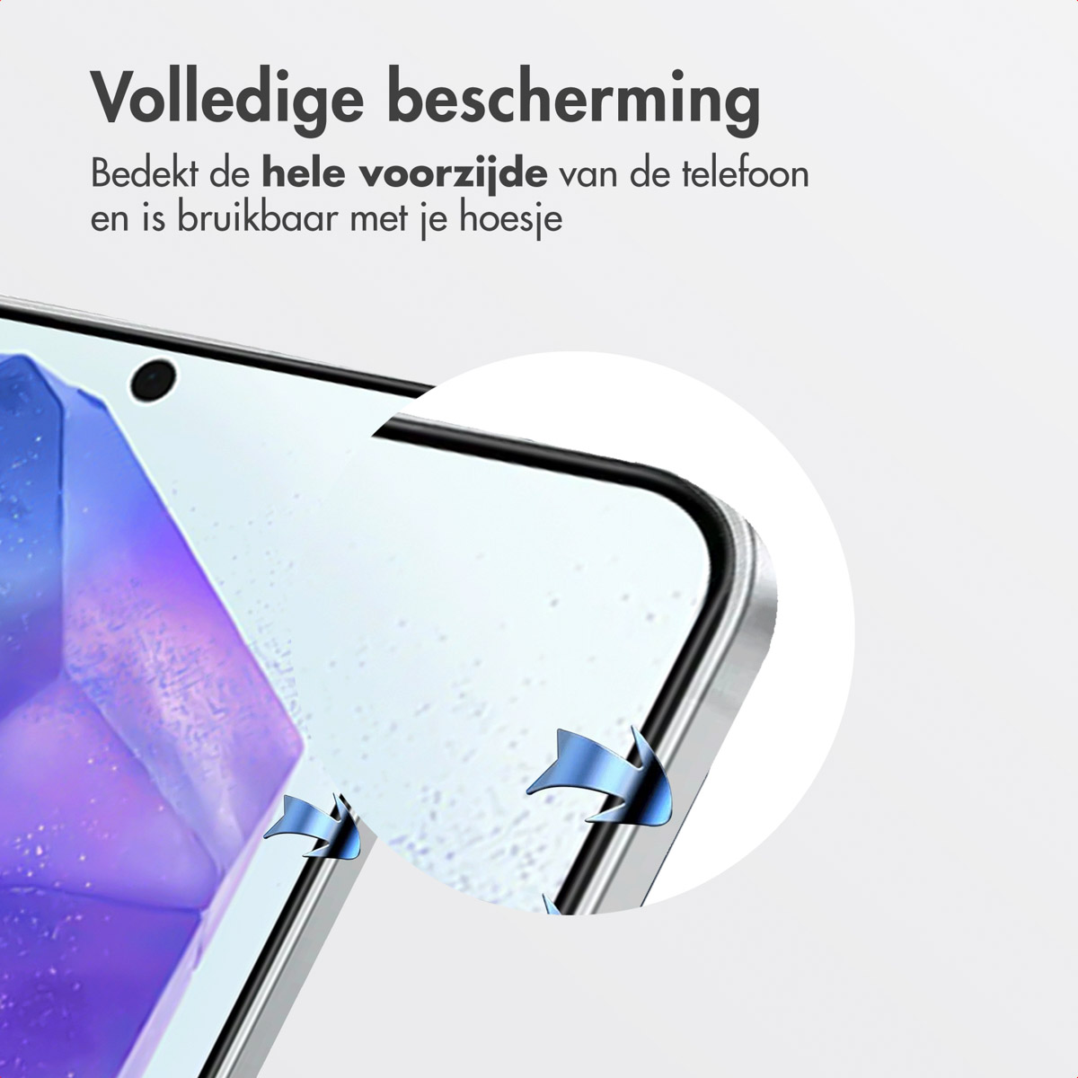 Téléphone avec protecteur d'écran. Texte : 'Protection complète, couvre tout l'avant'.
