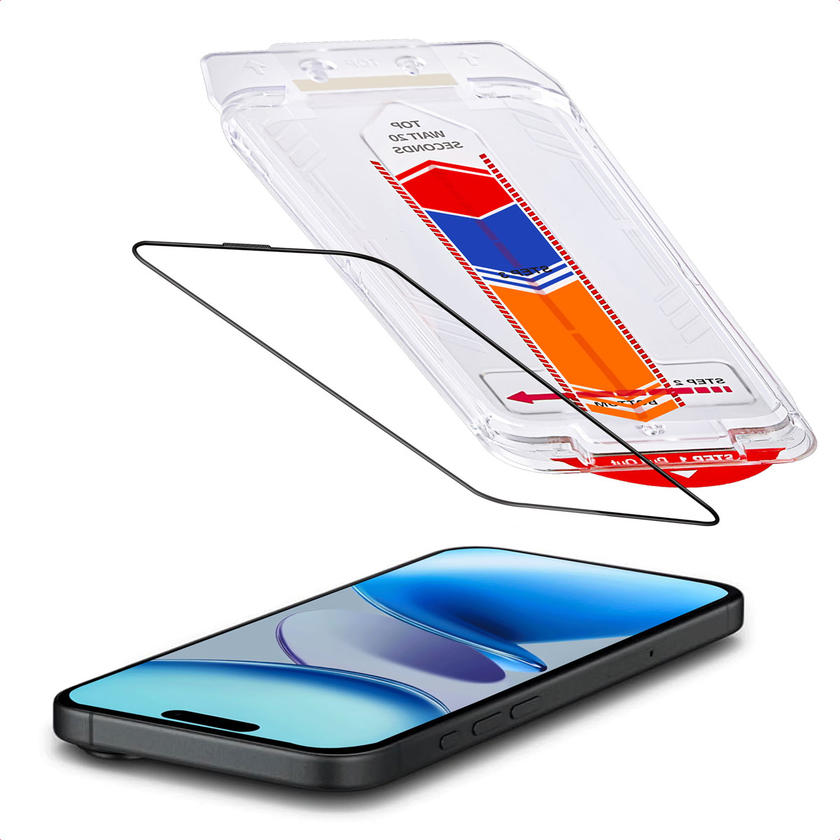 Telefoonschermbeschermer met een zwart display. Boven een transparante applicator met rode en oranje pijlen.