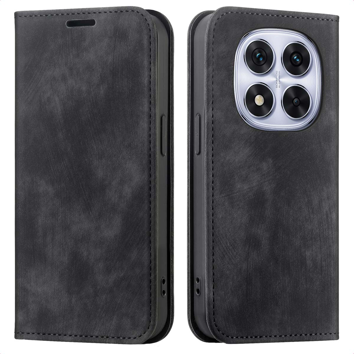 Twee zwarte telefoonhoesjes, een open, een gesloten, op wit.