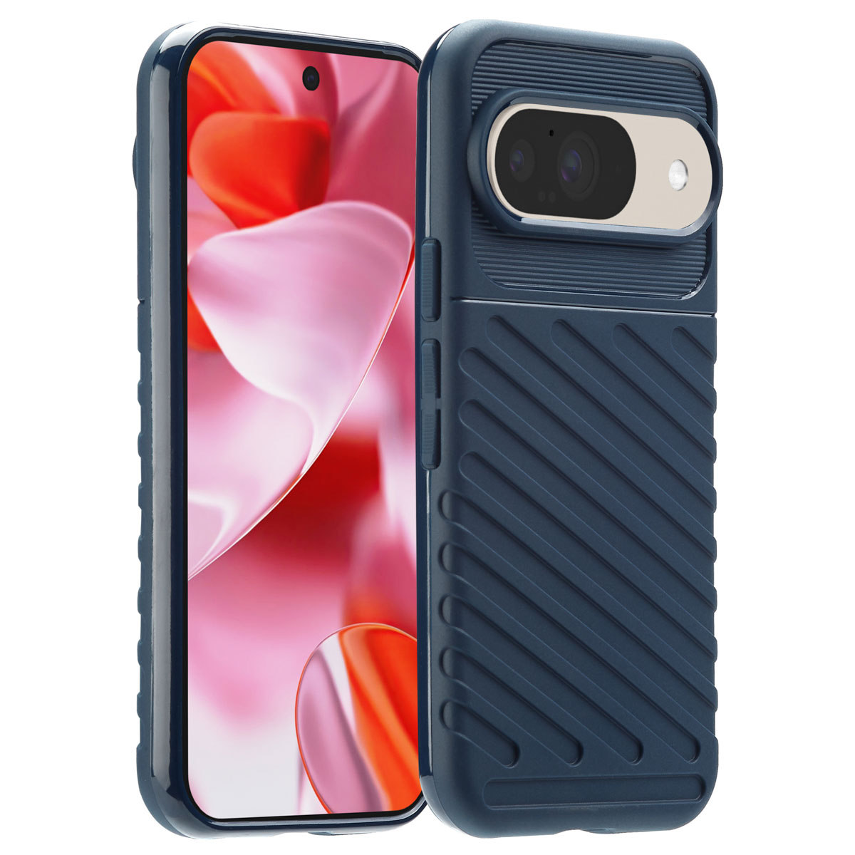 Una custodia blu per telefono su uno smartphone con uno schermo colorato, su bianco.