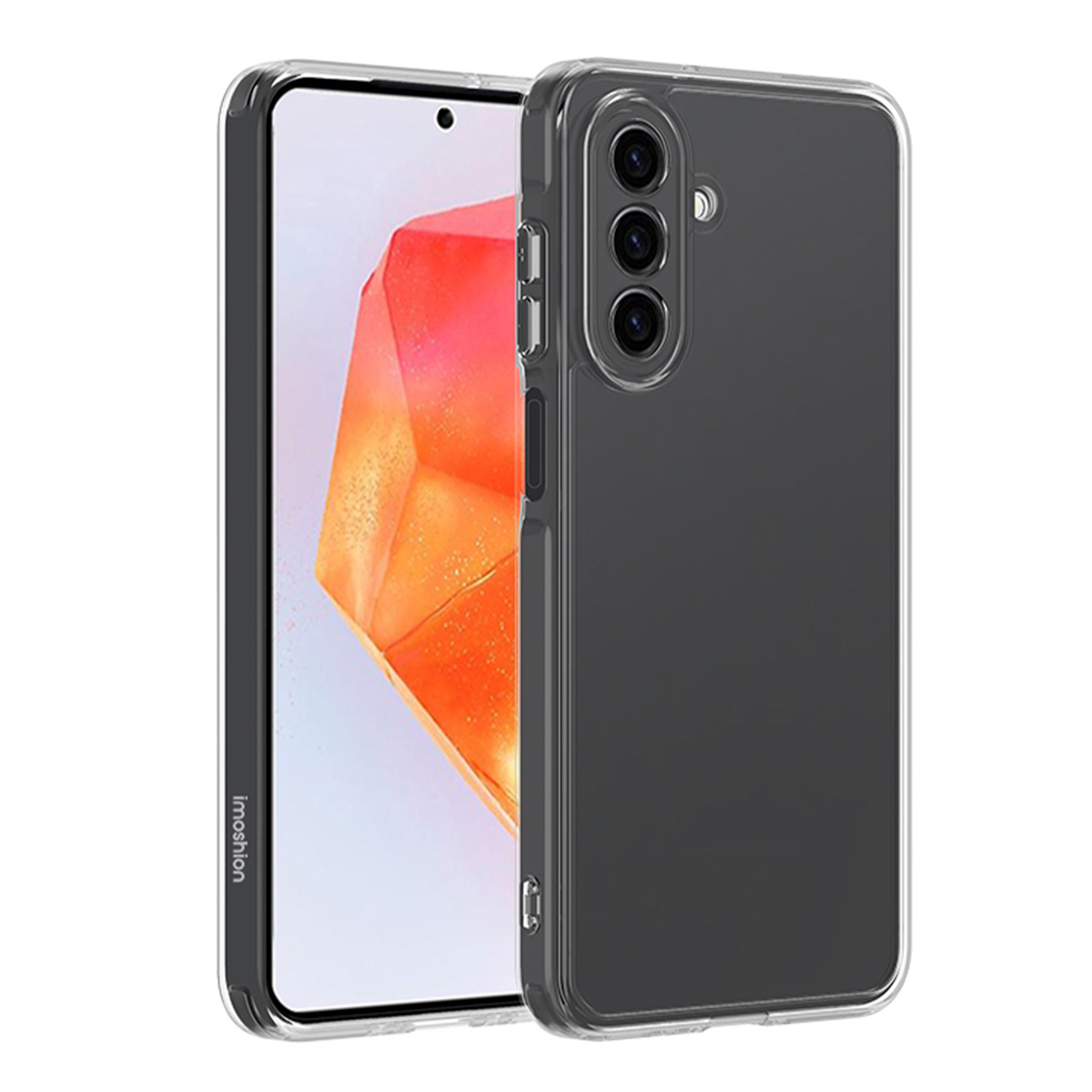 Una custodia trasparente per telefono su uno smartphone con uno schermo colorato, su bianco.