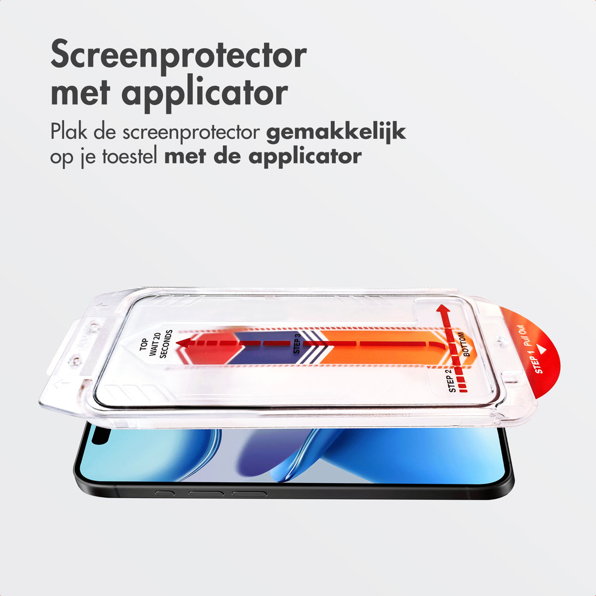 Een schermbeschermer applicator bovenop een zwarte smartphone.