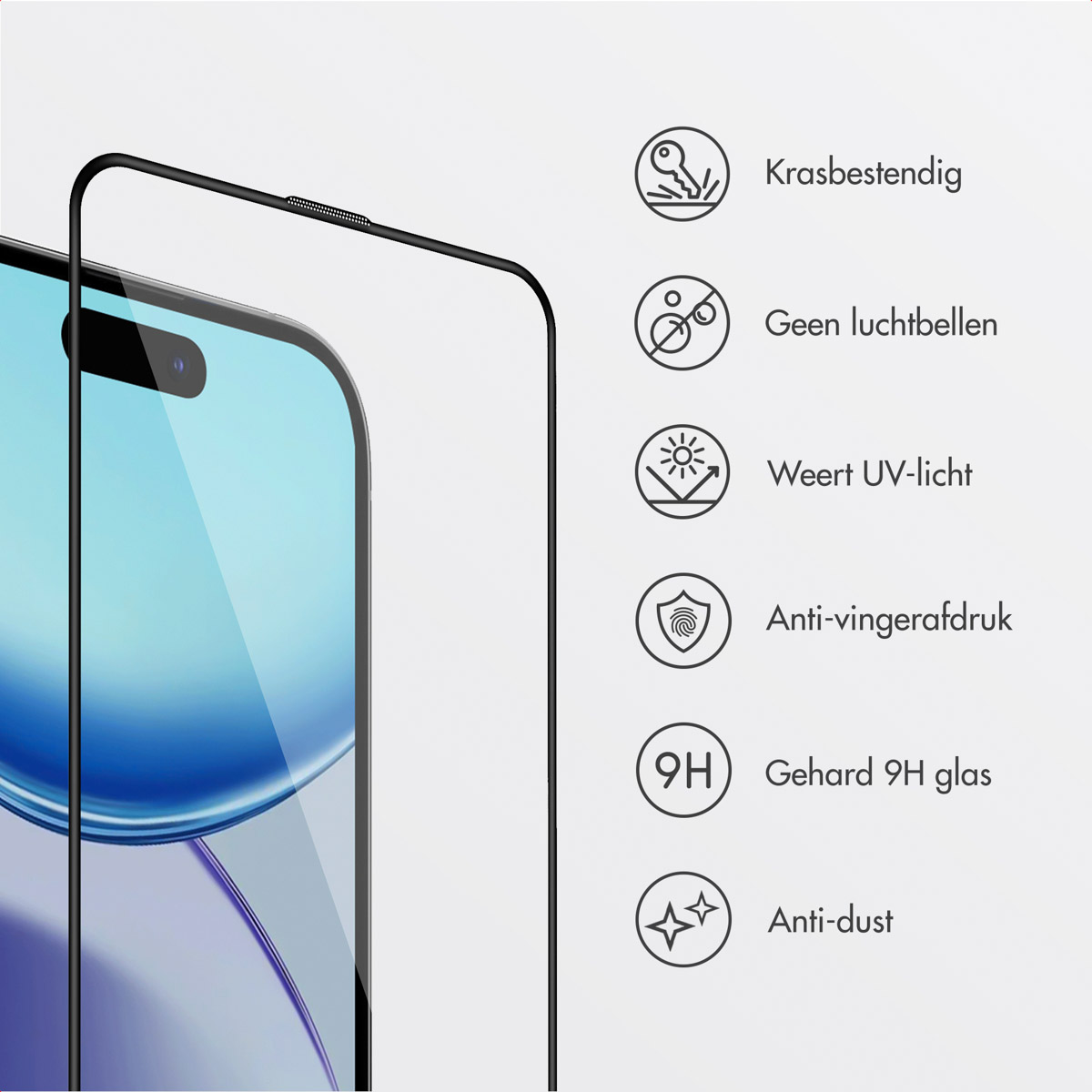 Schermbeschermer met pictogrammen en een smartphone, op wit.