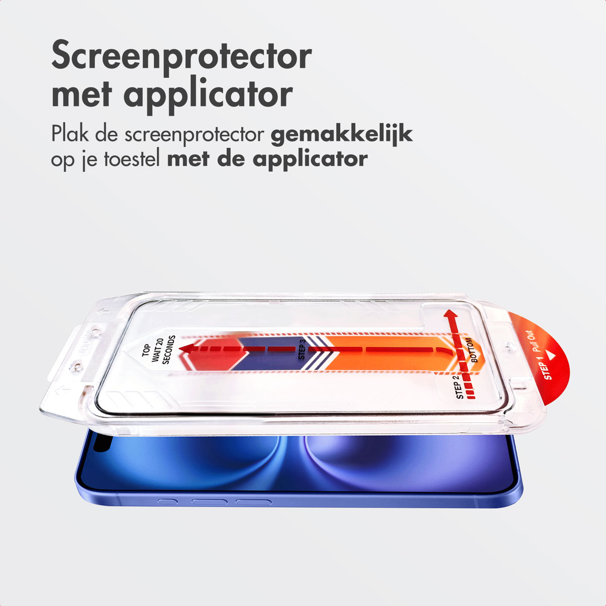 Clear screen protector with applicator. The protector is over a phone. Text at top.