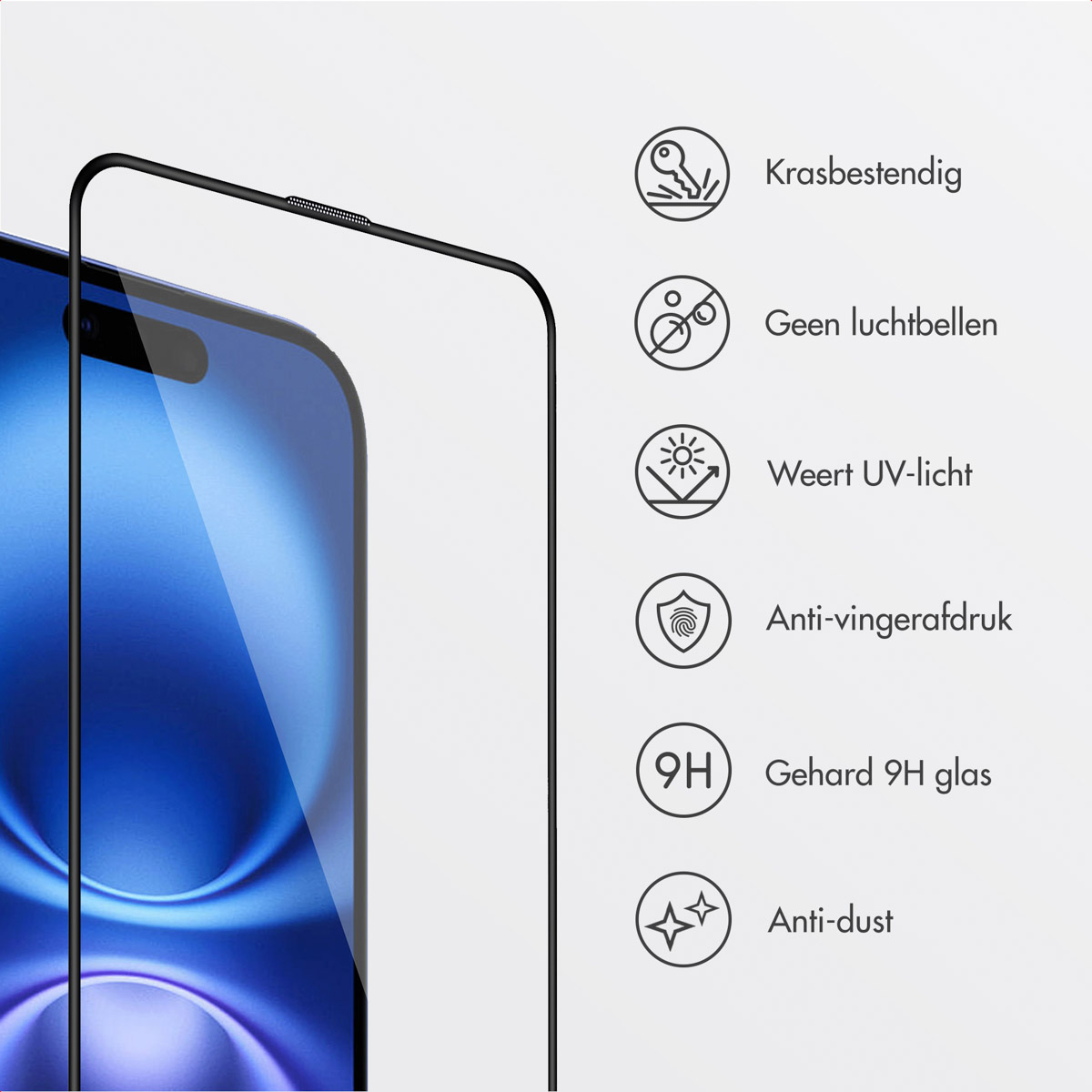 Close-up of a phone screen protector and a phone. Icons and text on the right.