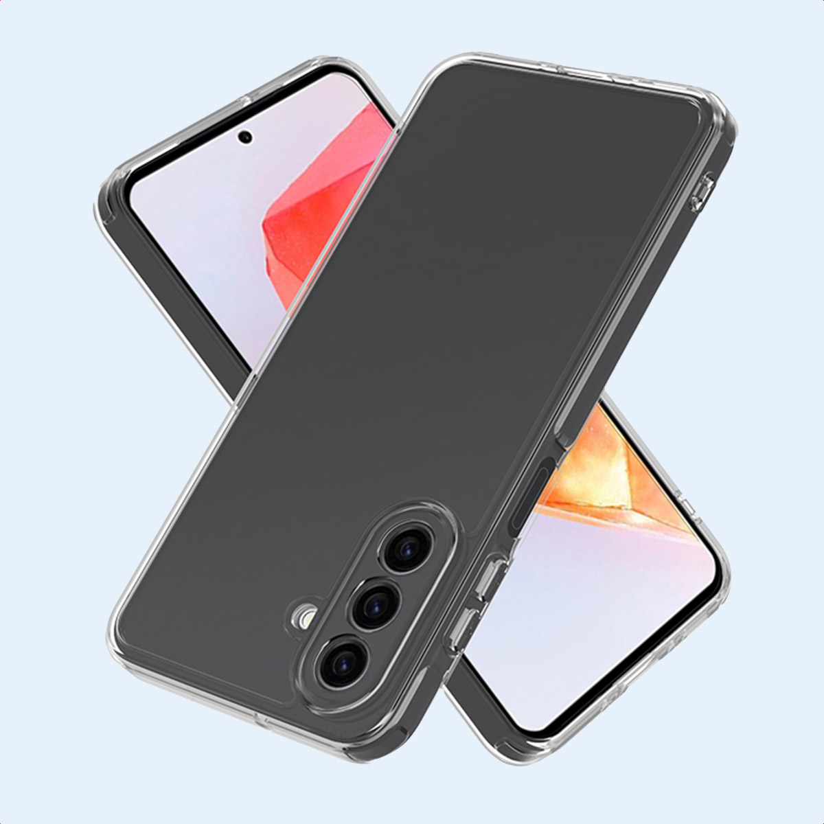 Due custodie trasparenti per telefono su smartphone, su bianco.