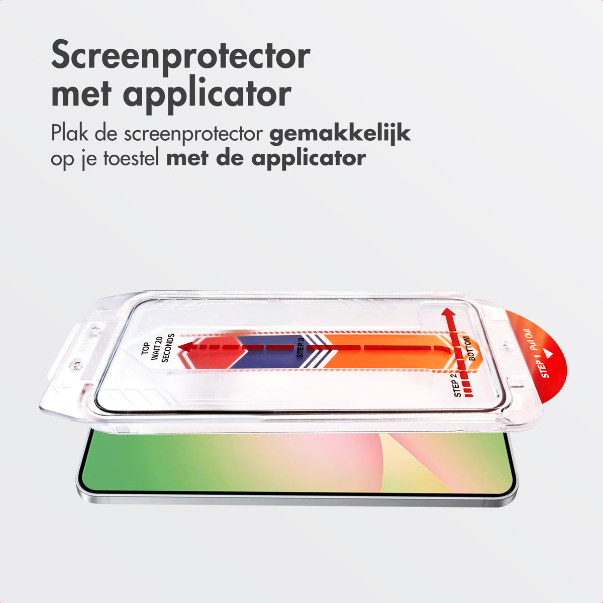 Protecteur d'écran transparent avec applicateur. Le protecteur est sur un téléphone.