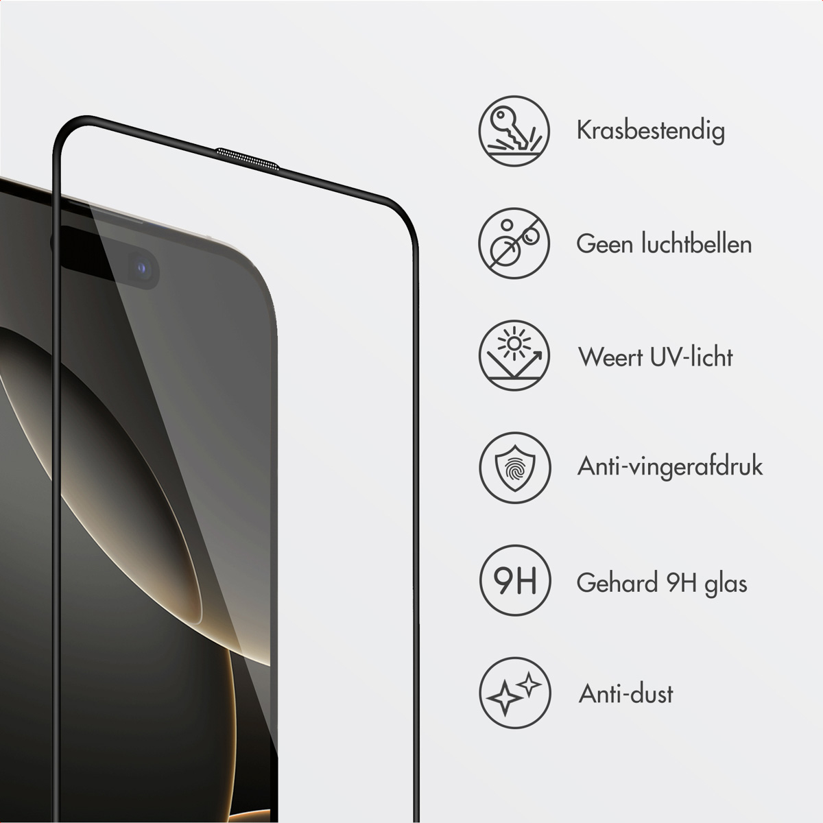 A phone with a screen protector. Icons showing it is scratch-resistant, no bubbles, UV light resistant, anti-fingerprint.