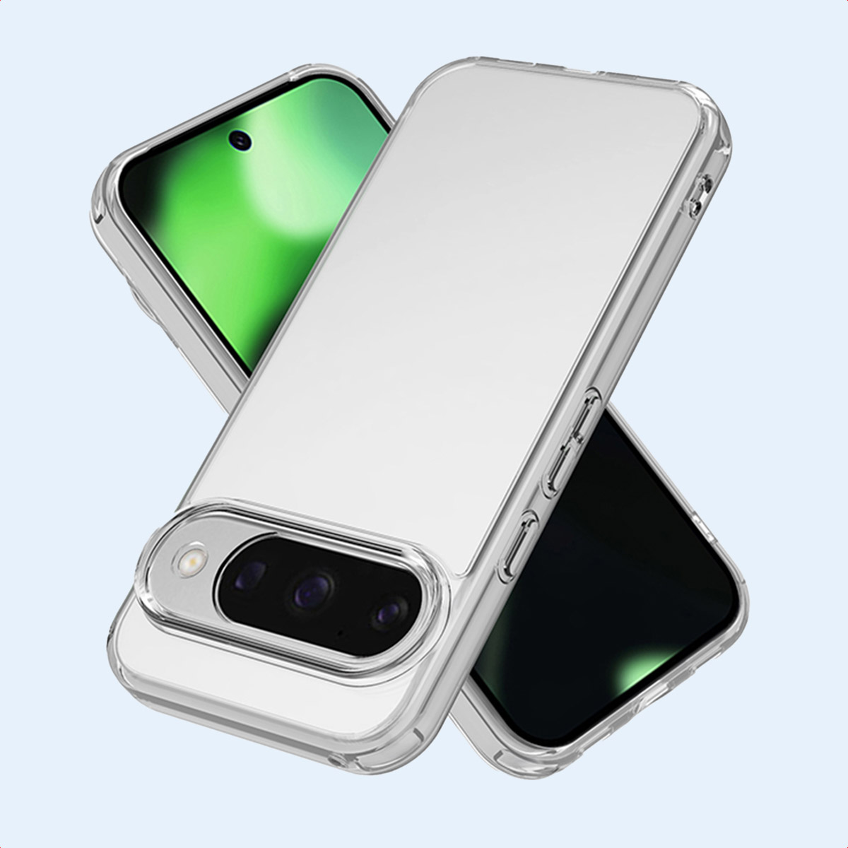 Due telefoni con custodie trasparenti. Le custodie mostrano il design del telefono. Lo sfondo è azzurro.