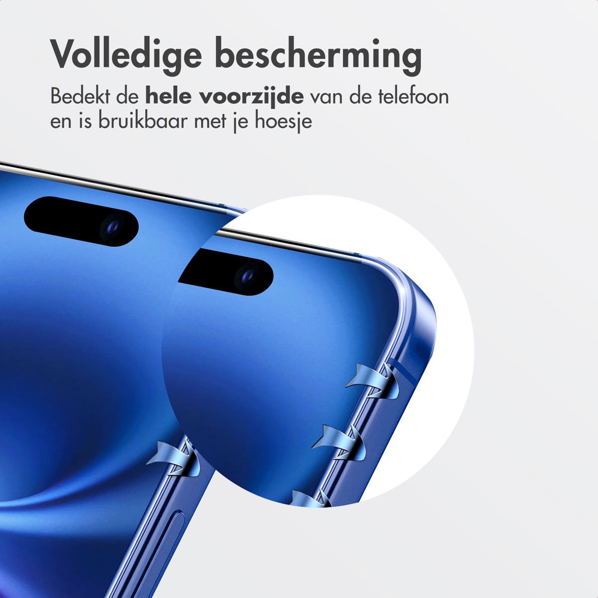 Close up of a blue phone with a protector case. Text at the top in a circle.