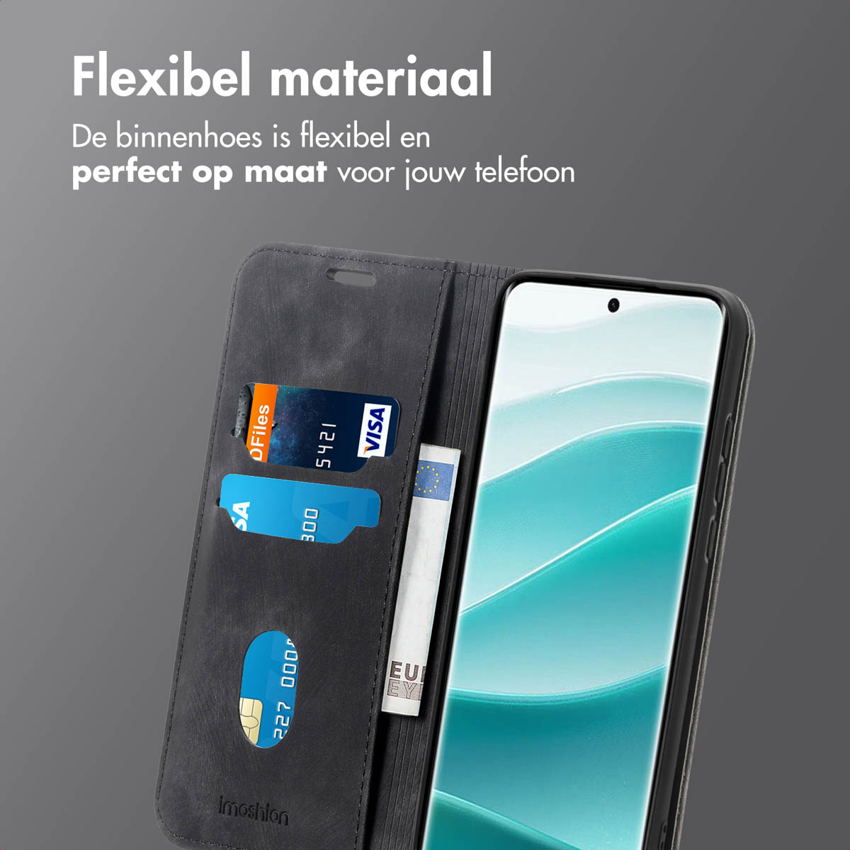 Portemonnee telefoonhoesje met kaarten en contant geld. De hoes heeft een gestructureerd oppervlak en de telefoon staat rechts.