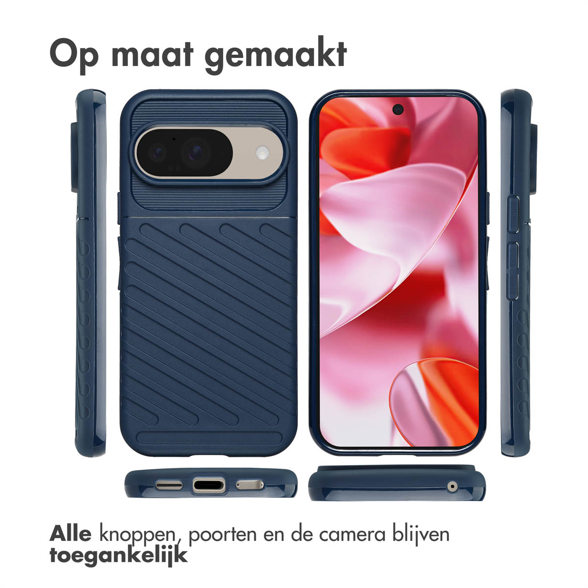 Un telefono in una custodia blu. La custodia è mostrata da tutti i lati. Lo sfondo è azzurro.