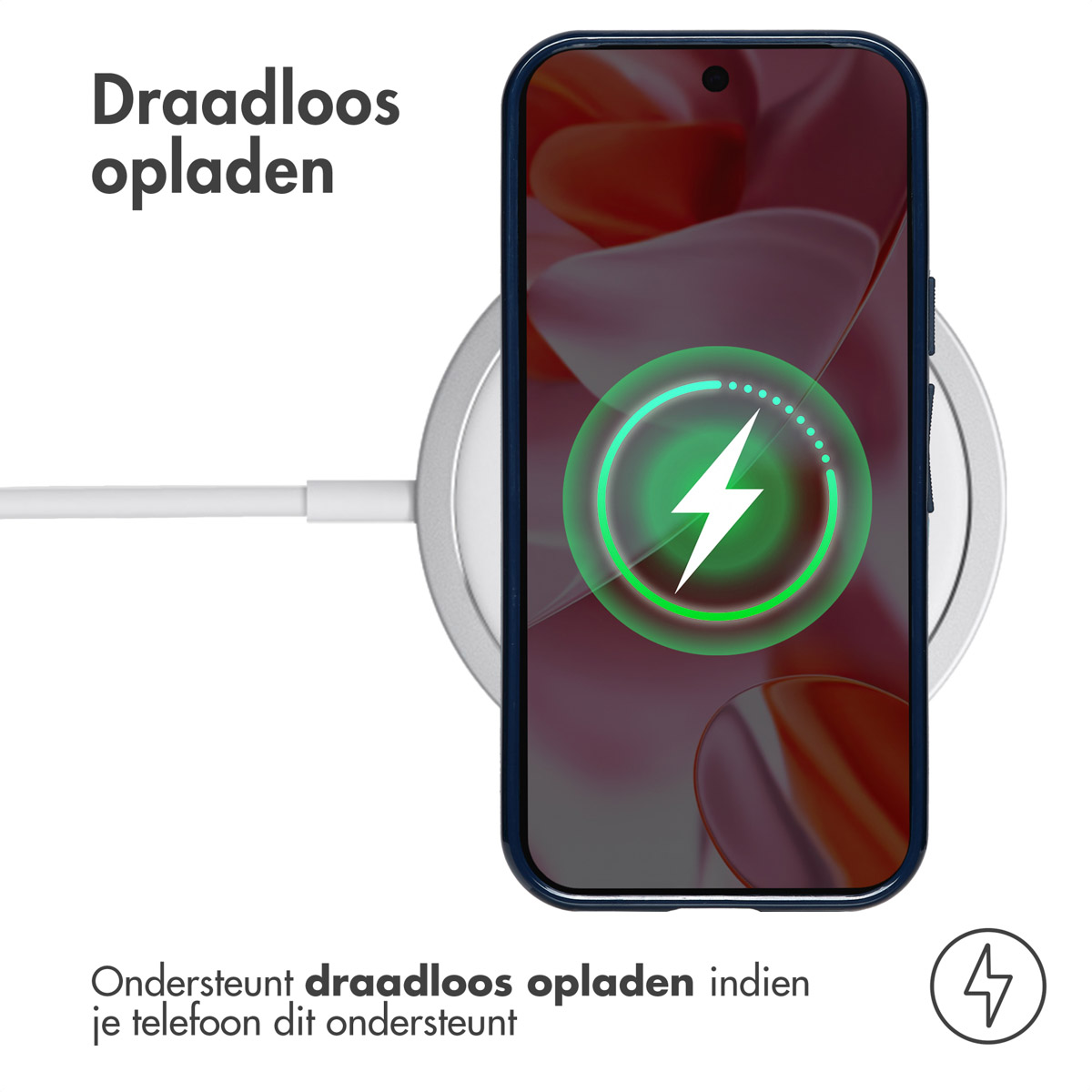 Un telefono in carica wireless. Testo: 'Draadloos opladen'. Un fulmine sullo schermo.