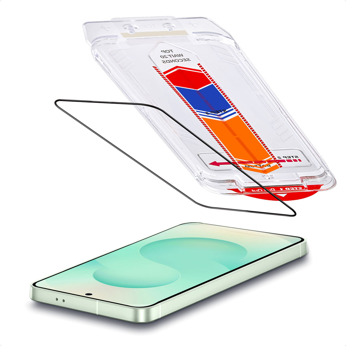 Telefono e protezione. Un applicatore in plastica trasparente è posizionato sopra il telefono. Lo schermo è verde.