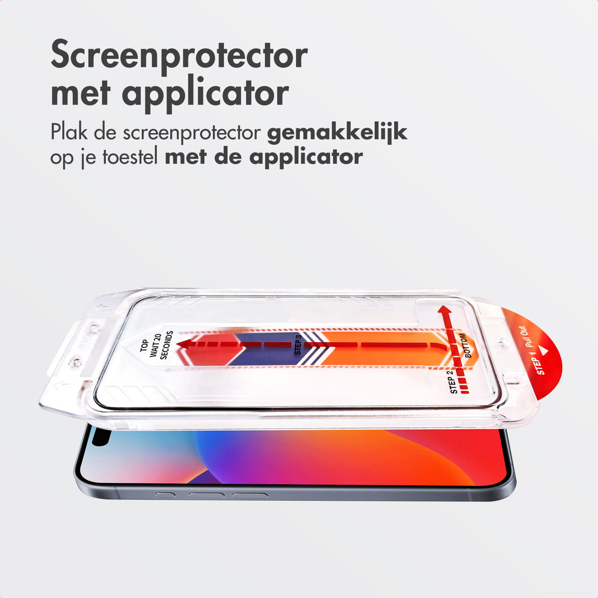 Phone and protector. A clear plastic applicator is positioned above the phone. The phone screen is orange.