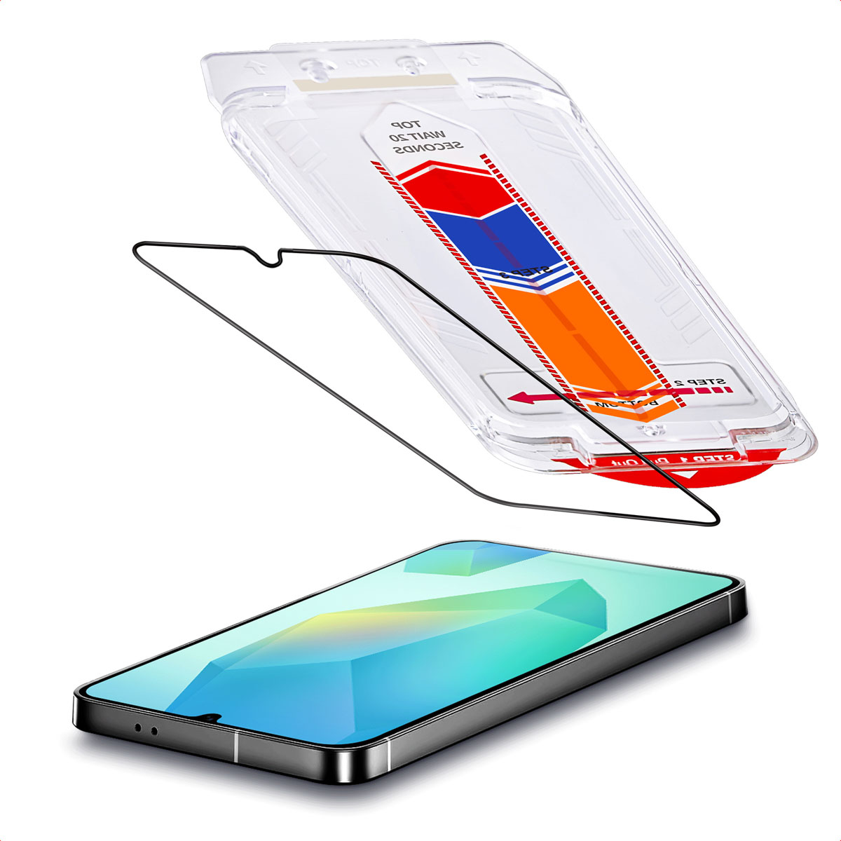 Telefoon met een schermbeschermer en een applicator. De schermbeschermer staat schuin boven de telefoon.