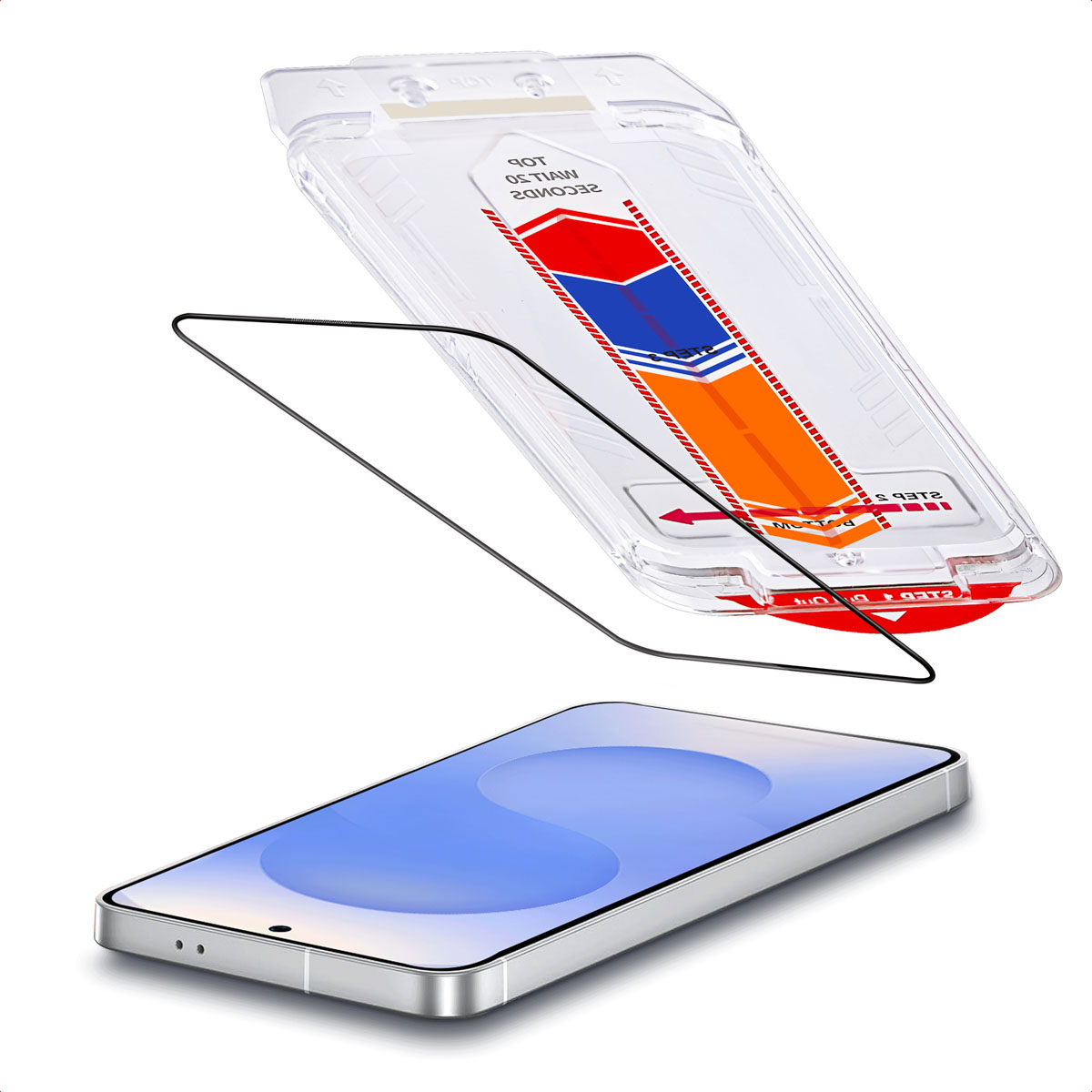 Telefono e protezione. Un applicatore in plastica trasparente è posizionato sopra il telefono. Lo schermo è blu.