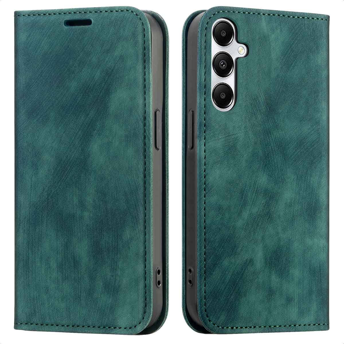 Étui de téléphone en cuir vert, ouvert. Le côté gauche est fermé, le côté droit révèle le téléphone.