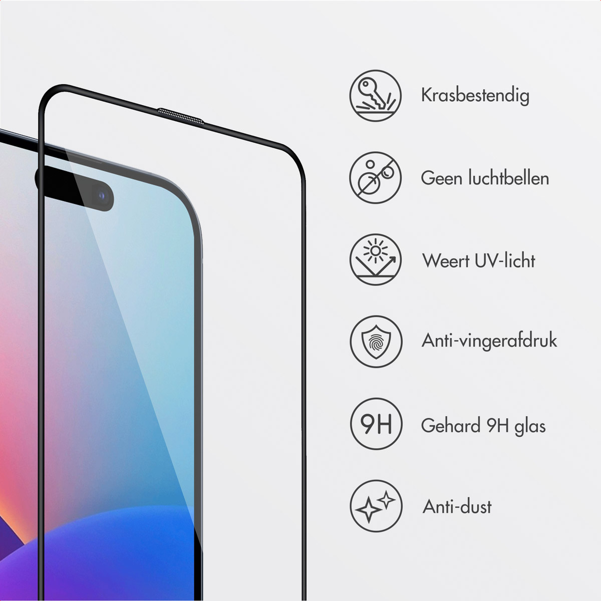 A phone screen protector. Icons indicating features of the protector. A phone is visible on the left.