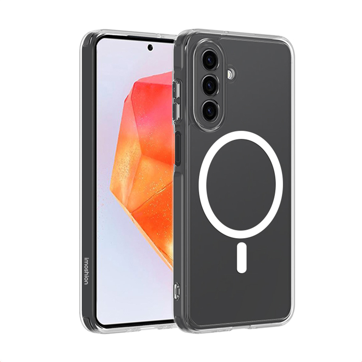 Une coque de téléphone transparente avec un cercle blanc et un signe moins au dos est posée sur un téléphone.