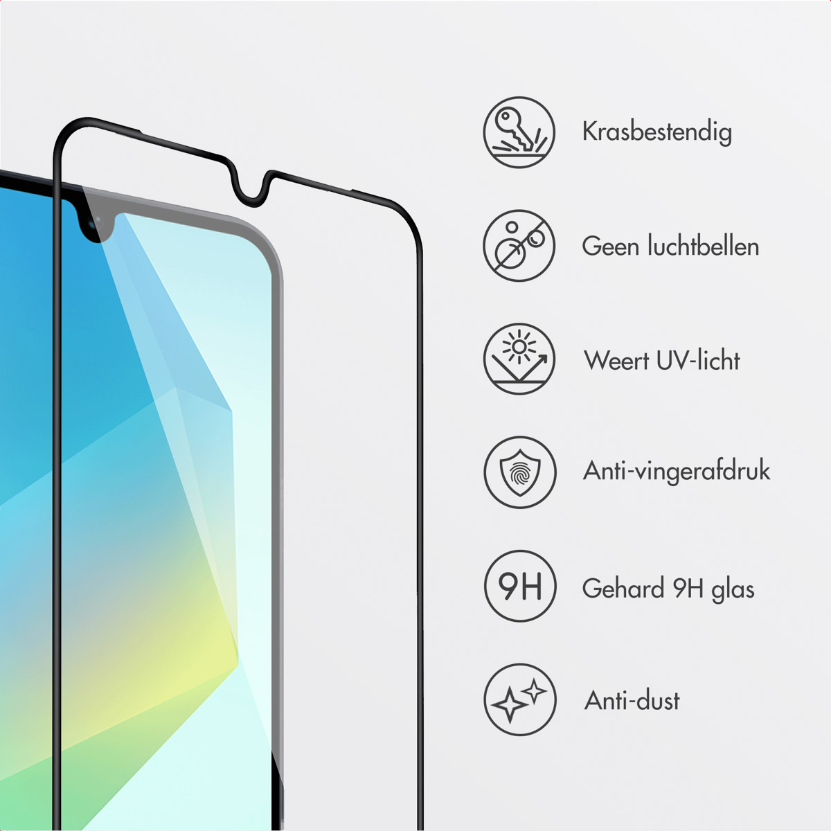 Een telefoonscherm met een schermbeschermer. Pictogrammen die functies aangeven zoals krasbestendigheid en anti-stof.