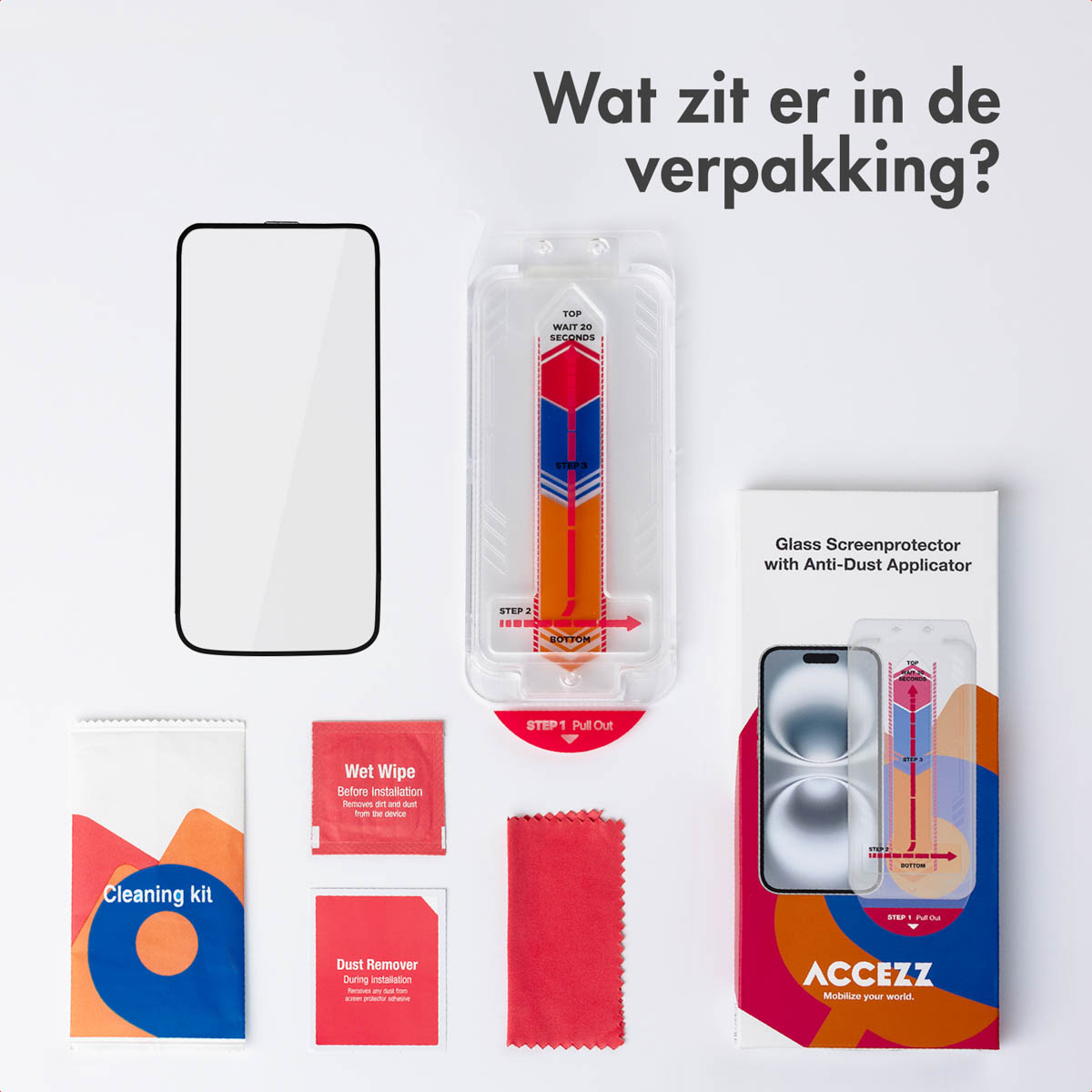 Une boîte ouverte avec des accessoires de téléphone. Texte : "Qu'y a-t-il dans le paquet ?". Contient un protecteur d'écran, des lingettes et un nettoyant.