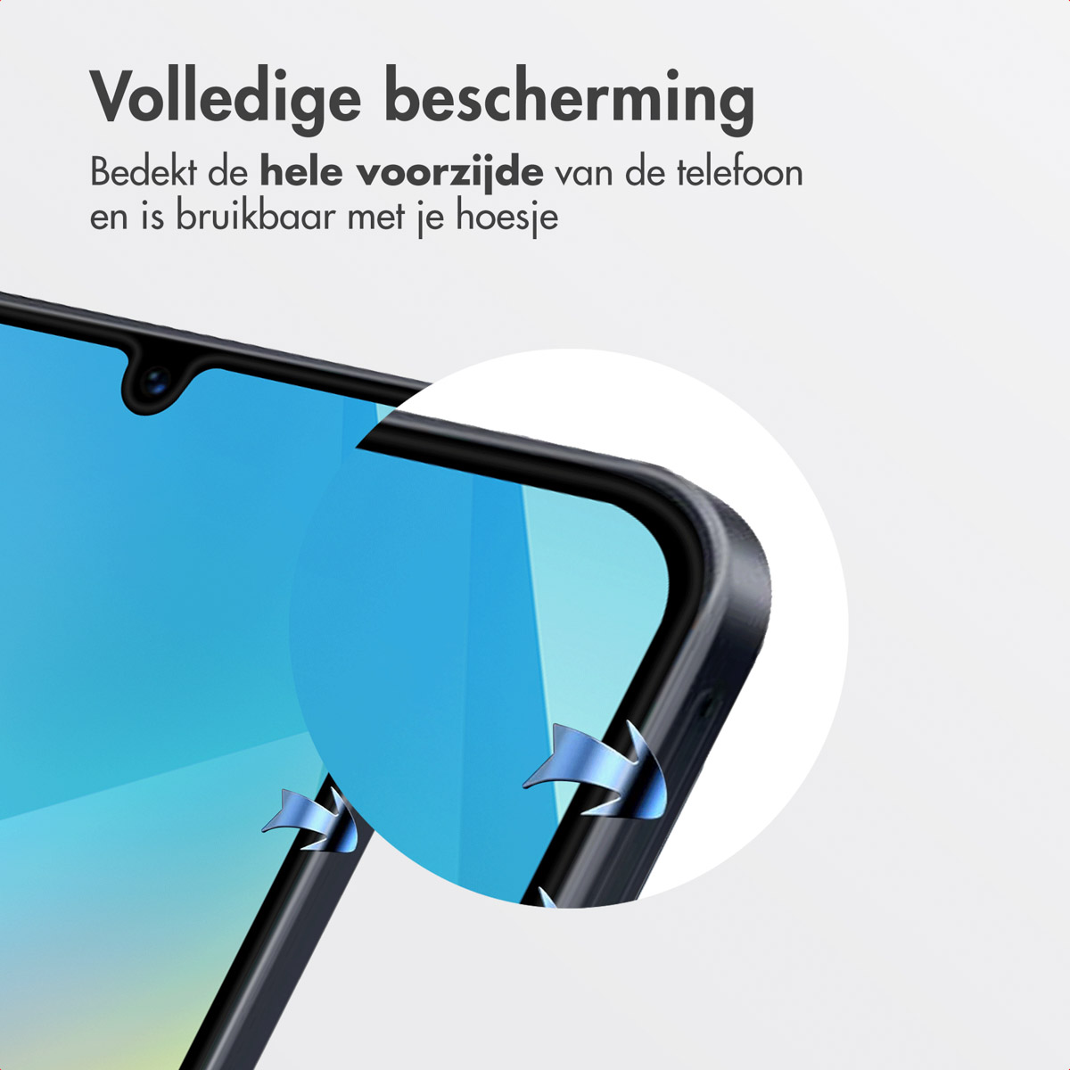 Close-up van een telefoonscherm met een beschermhoes. Tekst: "Volledige bescherming" met pijlen op het scherm.