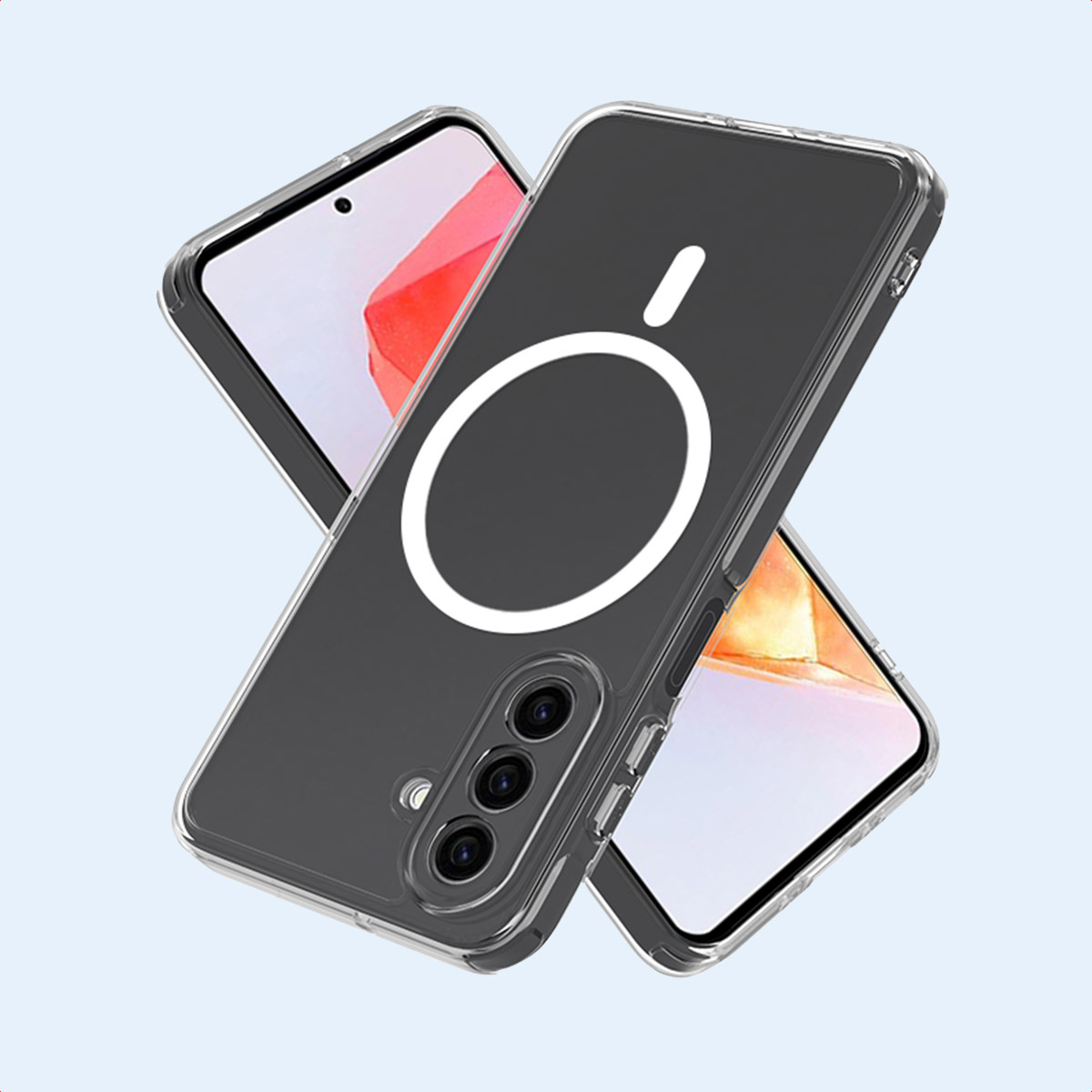 Coque de téléphone et téléphone superposés. Texte : "Convient pour MagSafe". D'autres accessoires sont visibles.