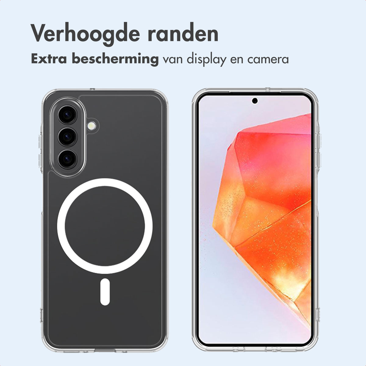 Coque de téléphone avec un cercle blanc. Texte : "Bords surélevés". À côté se trouve un téléphone avec l'écran allumé.