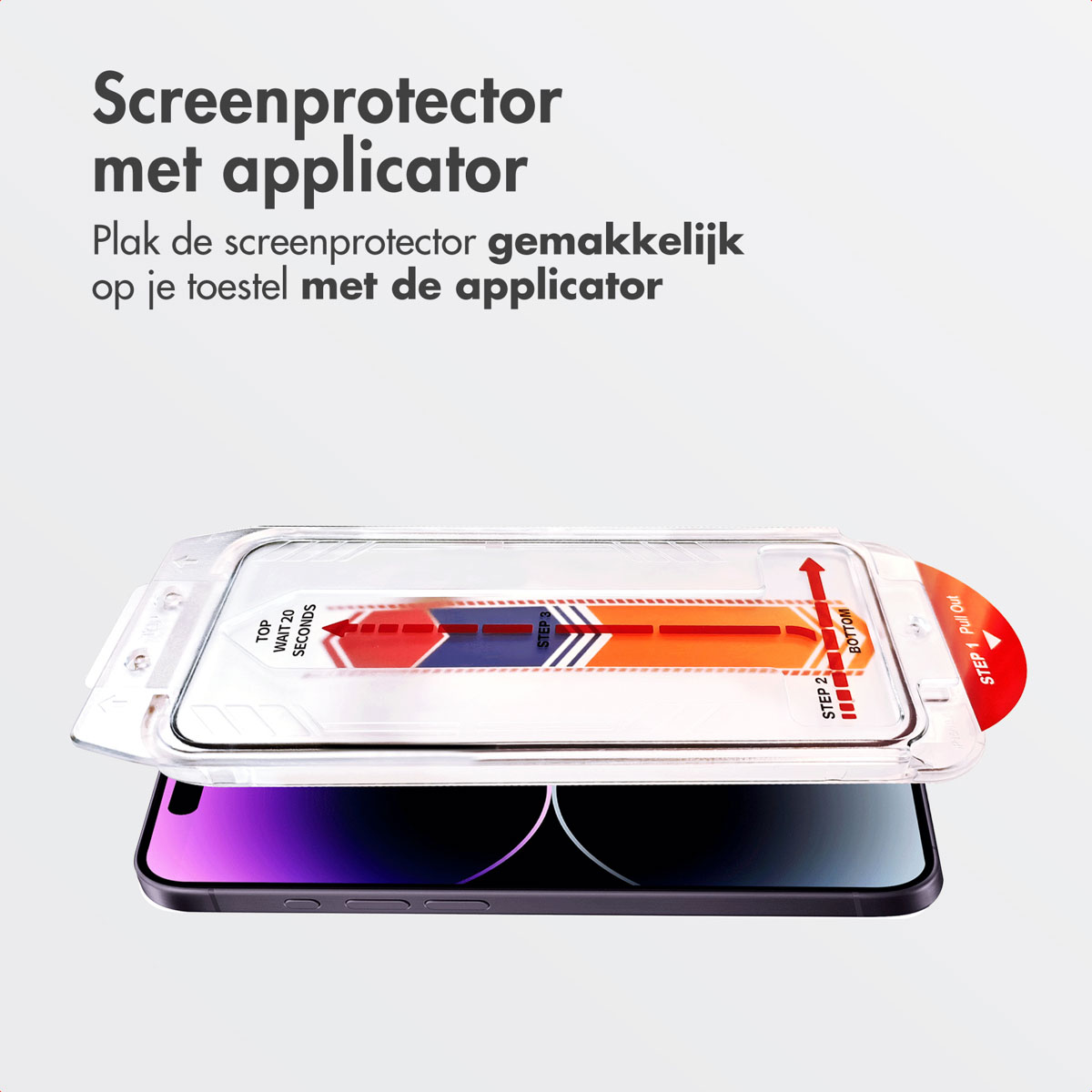 Un téléphone avec un protecteur d'écran dans un kit. Le kit a des instructions et une flèche pour guider le protecteur.