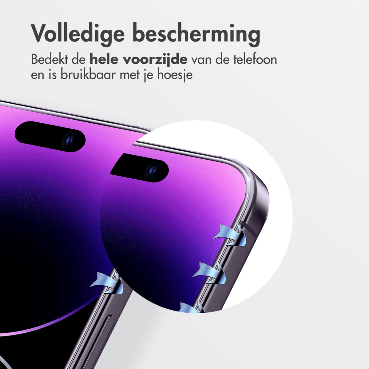 Un protecteur d'écran violet est sur un téléphone. Le texte ci-dessus dit 'Protection complète'. Il couvre toute la face avant.