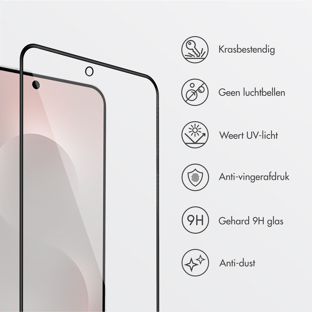Een telefoon met een schermbeschermer wordt getoond. Pictogrammen beschrijven functies: krasbestendig, geen luchtbellen, UV-lichtbestendig, anti-vingerafdruk.
