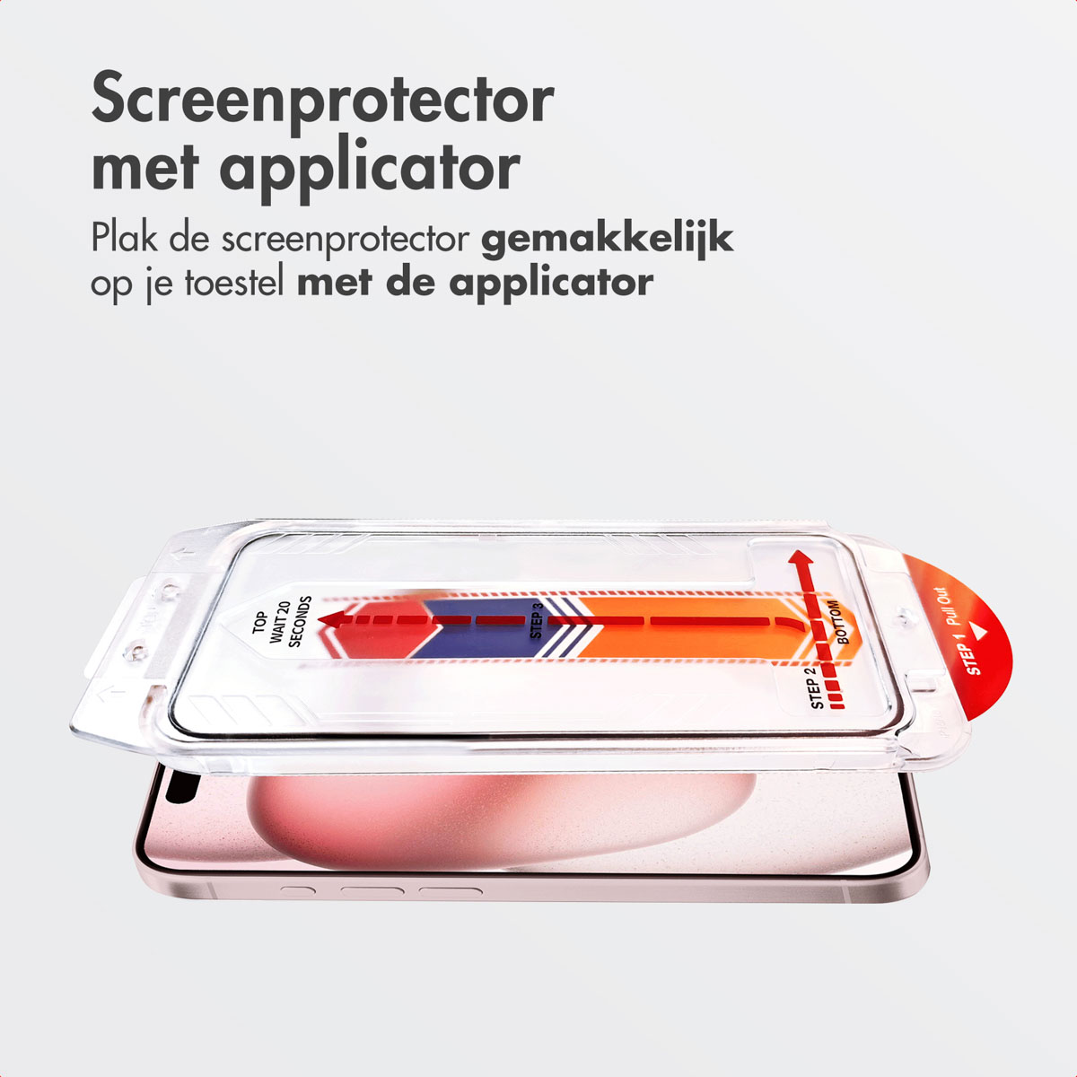 A phone with a screen protector in a kit. The kit has instructions and an arrow to guide the screen protector.