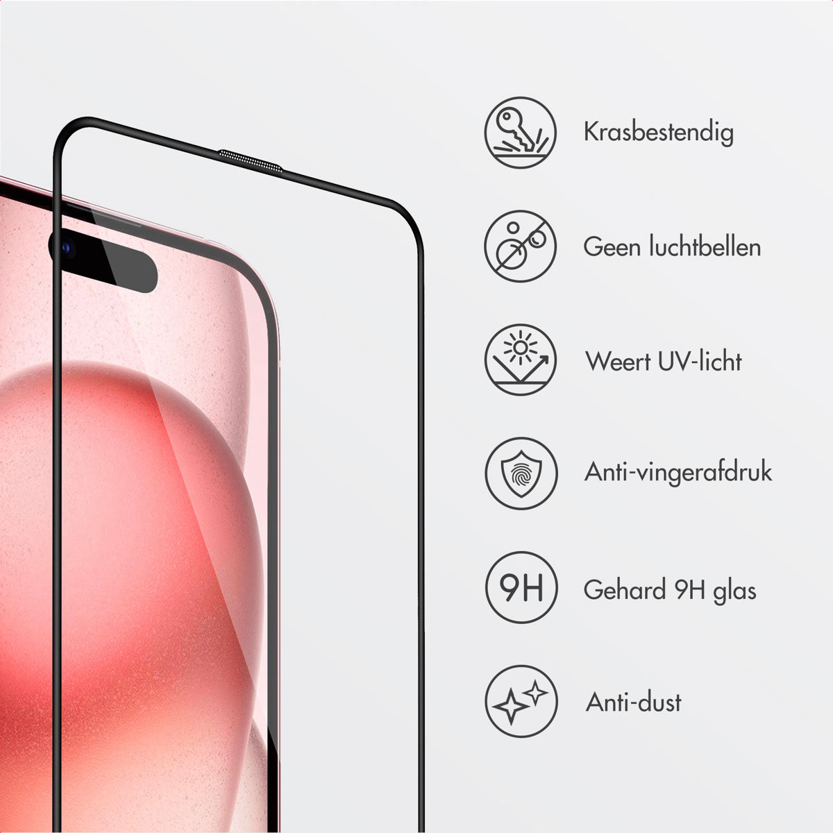 Phone screen protector. Shows features like scratch resistance and anti-fingerprint on a pink background.