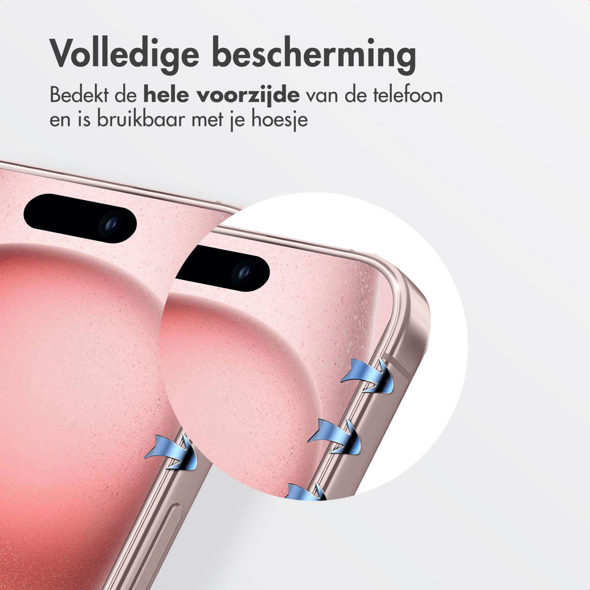 Close up of a phone with screen protector applied. Protector covers the whole front and is usable with a case.